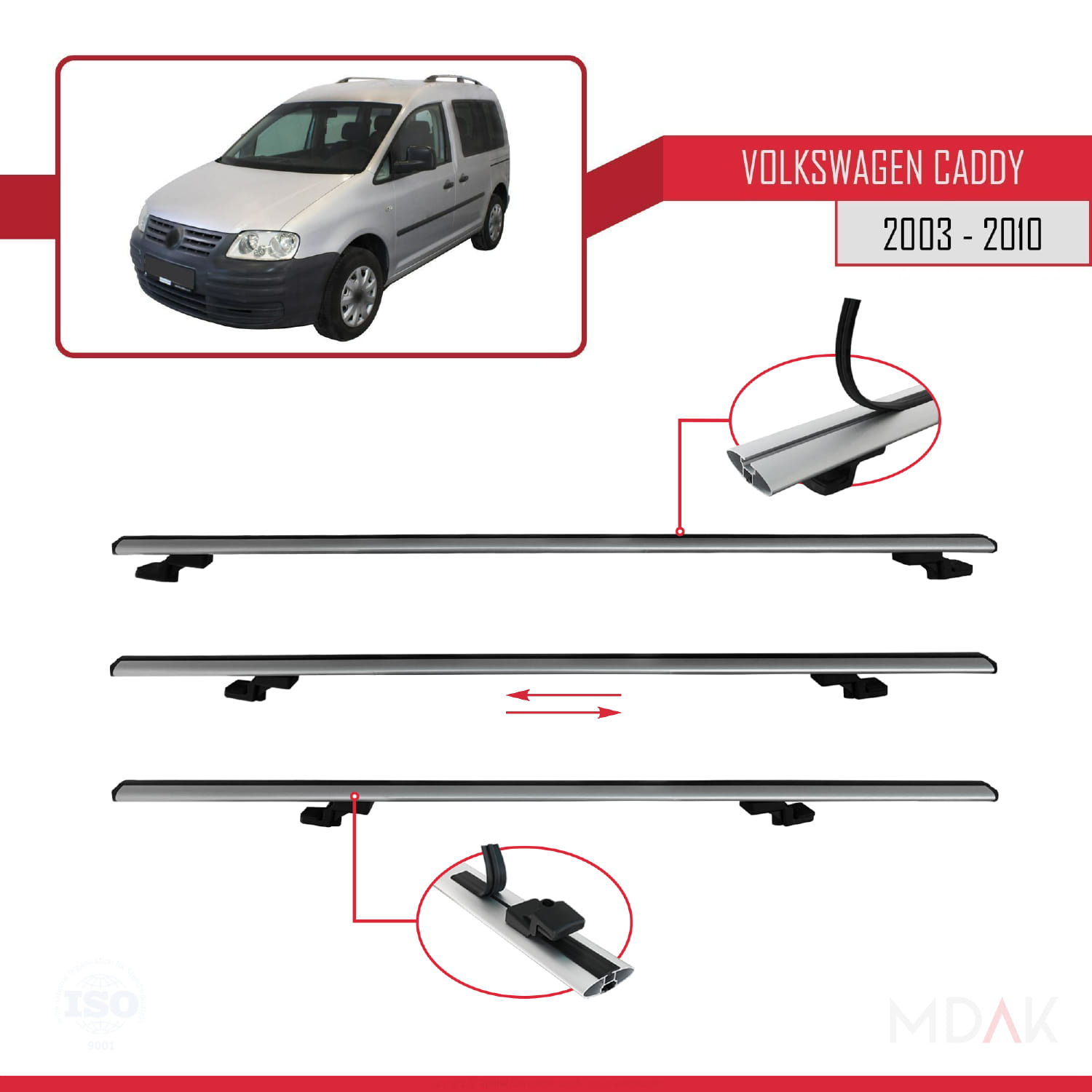 Volkswagen Caddy 3 (2K) 2003-2010 Arası ile Uyumlu BASIC Model Ara Atkı Tavan Barı Gri 4 Adet - Görsel 4