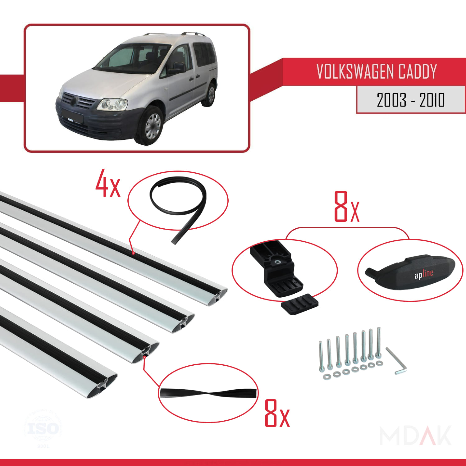 Volkswagen Caddy 3 (2K) 2003-2010 Arası ile Uyumlu BASIC Model Ara Atkı Tavan Barı Gri 4 Adet - Görsel 5