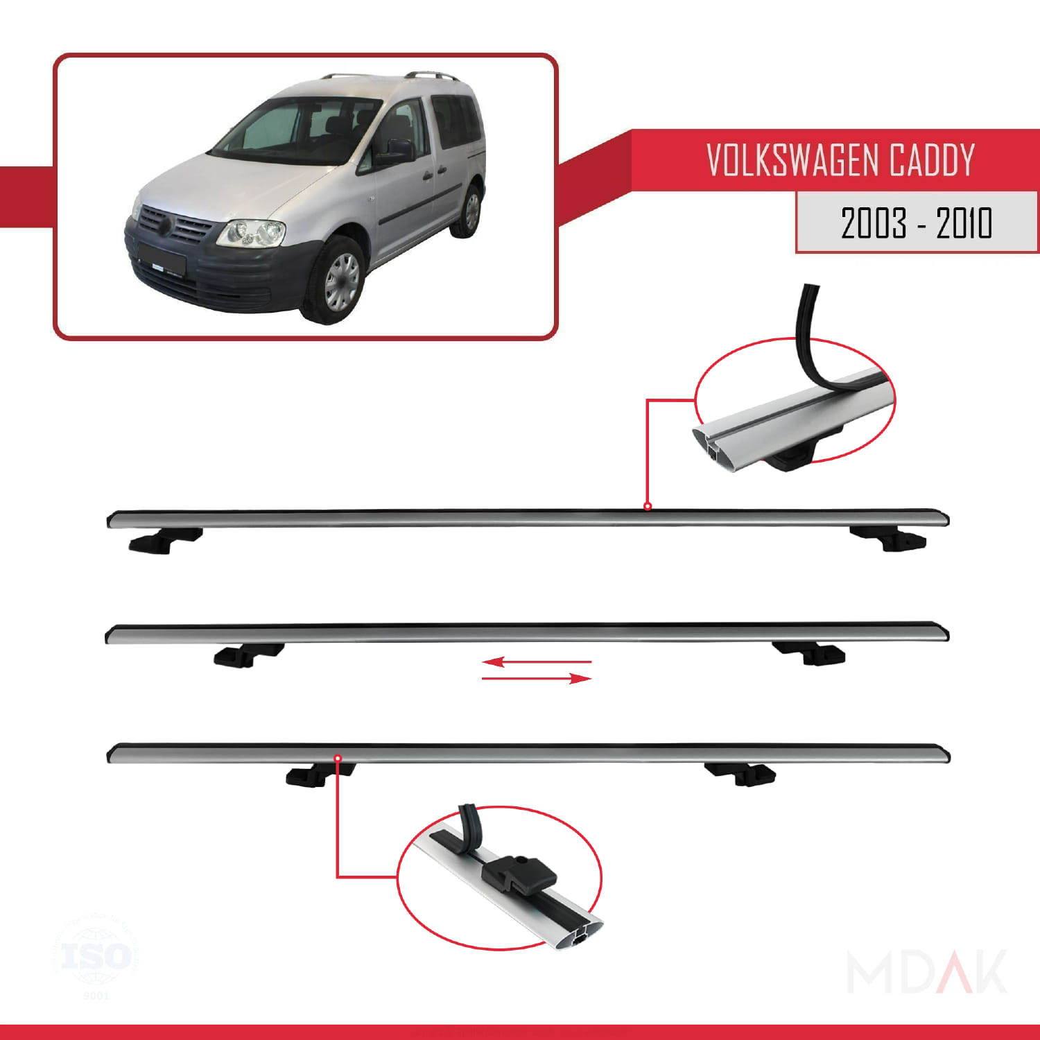 Volkswagen Caddy 3 (2K) 2003-2010 Arası ile Uyumlu BASIC Model Ara Atkı Tavan Barı Gri 2 Adet - Görsel 5
