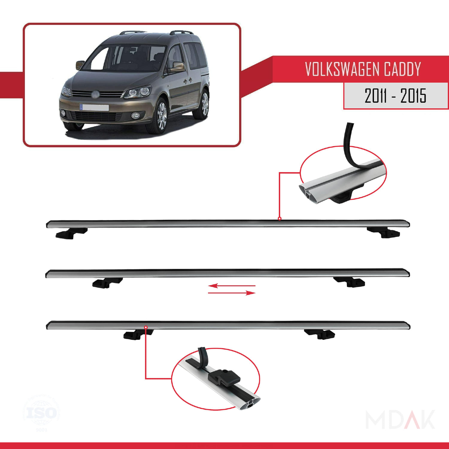 Volkswagen Caddy 3 (2K) 2011-2015 Arası ile Uyumlu BASIC Model Ara Atkı Tavan Barı Gri 2 Adet - Görsel 5