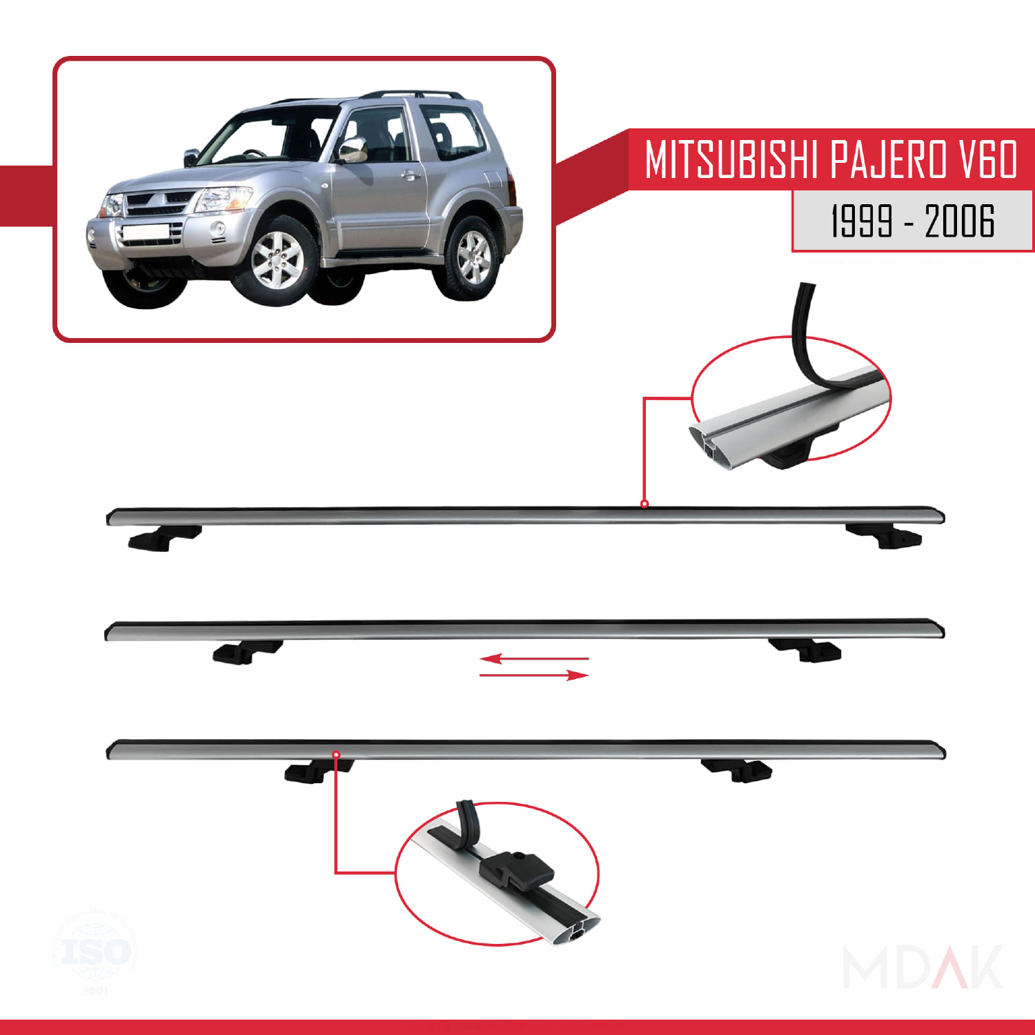 Mitsubishi Pajero (V60) 3 Kapı 1999-2006 Arası ile Uyumlu BASIC Model Ara Atkı Tavan Barı Gri 2 Adet - Görsel 5