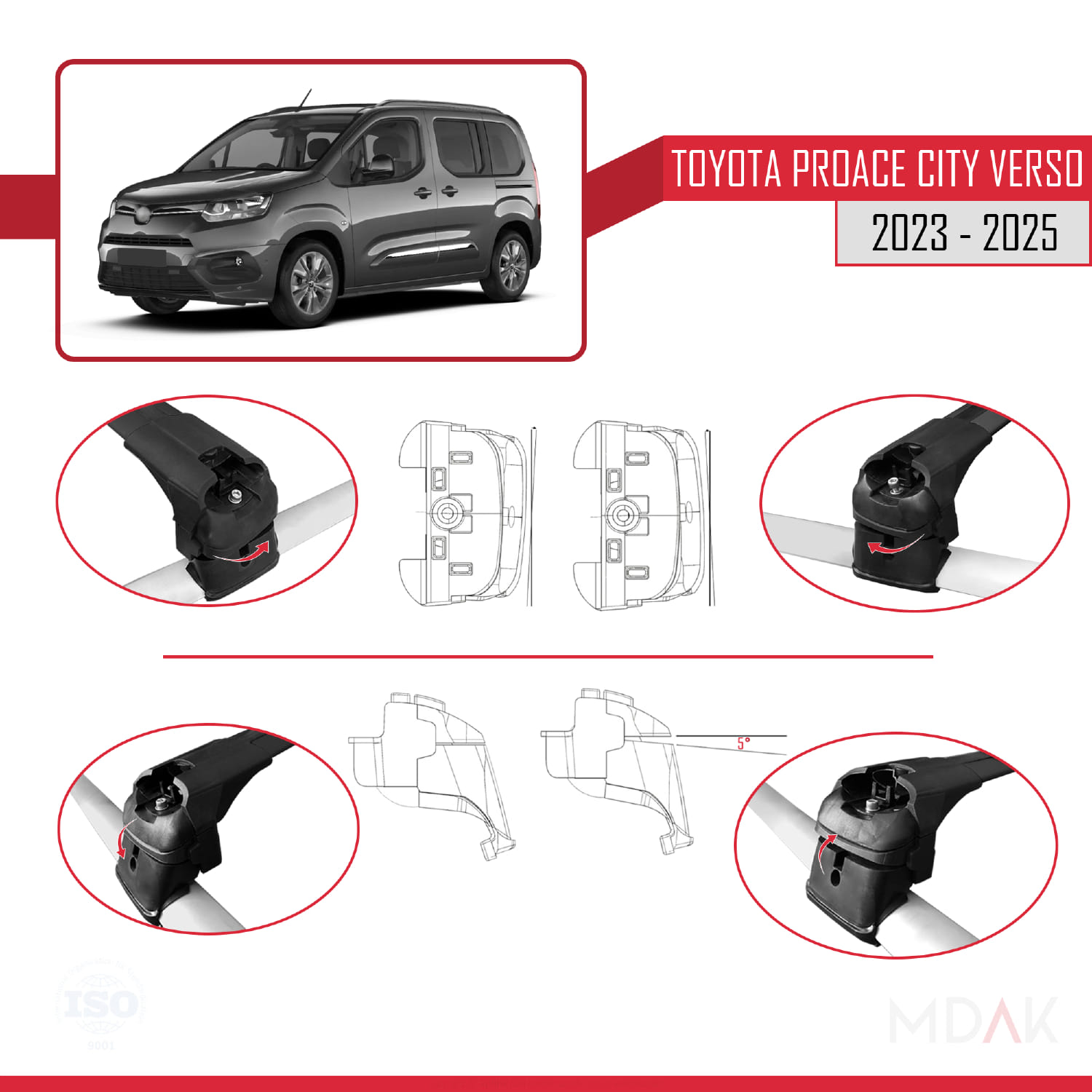 Toyota Proace City Verso 2023 ve Sonrası ile Uyumlu ACE-2 Ara Atkı Tavan Barı Siyah 2 Adet - Görsel 5
