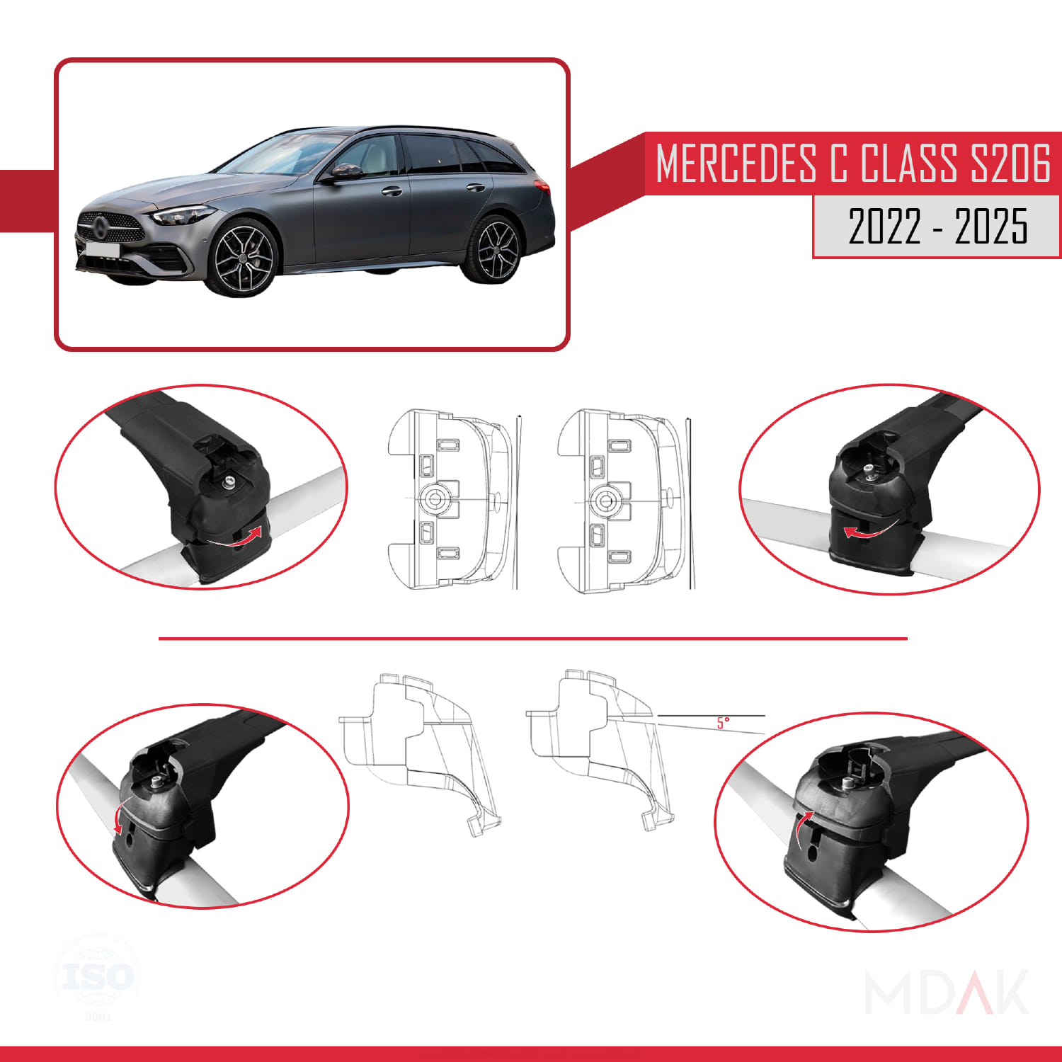 Mercedes C Class 5 (S206) 2022 ve Sonrası ile Uyumlu ACE-2 Ara Atkı Tavan Barı Siyah 2 Adet - Görsel 5