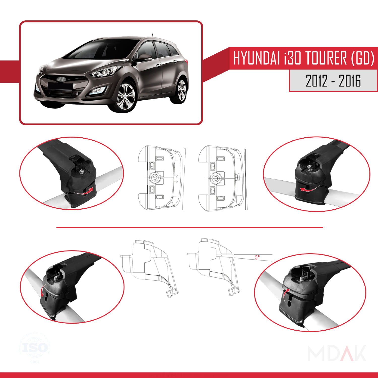 Hyundai i30 2 (GD) Tourer 2012-2016 Arası ile Uyumlu ACE-2 Ara Atkı Tavan Barı Siyah 2 Adet - Görsel 4
