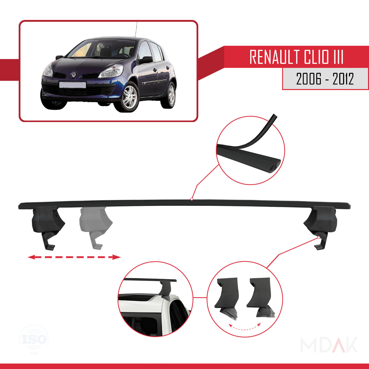 Renault Clio 3 2006-2012 Arası ile Uyumlu ACE-4 Ara Atkı Tavan Barı Siyah 2 Adet - Görsel 4