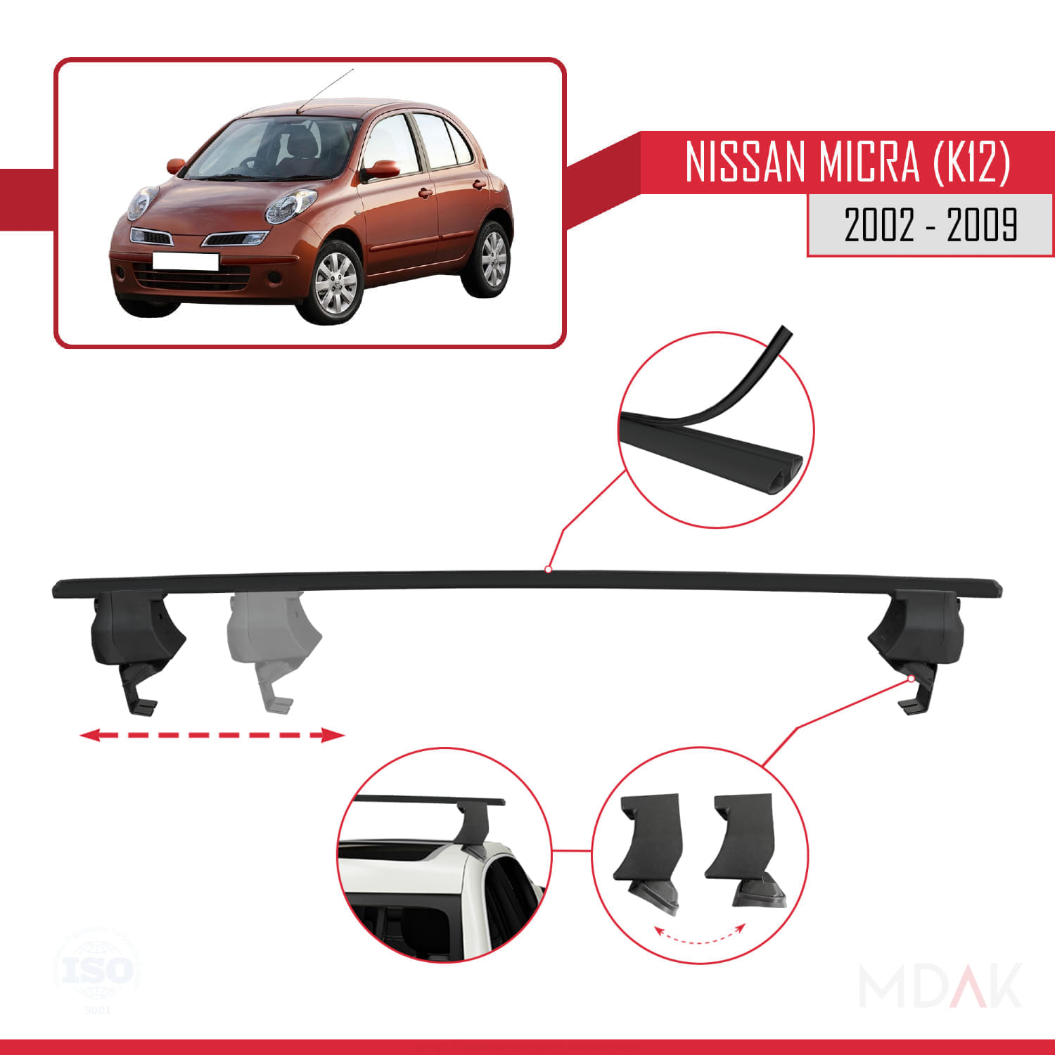 Nissan Micra 3 (K12) 2002-2009 Arası ile Uyumlu ACE-4 Ara Atkı Tavan Barı Siyah 2 Adet - Görsel 3