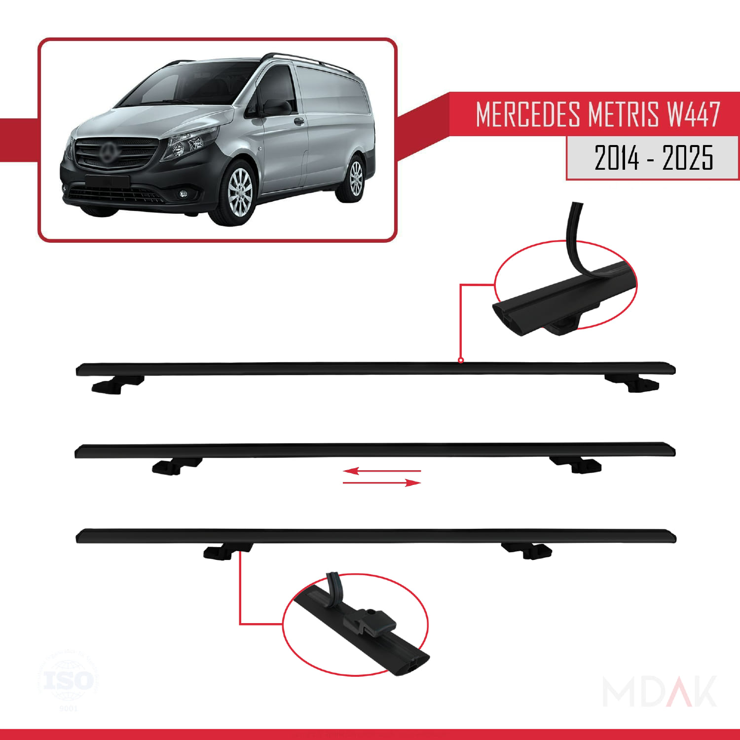 Mercedes Metris (W447) 2014 ve Sonrası ile Uyumlu BASIC Model Ara Atkı Tavan Barı Siyah 3 Adet - Görsel 5