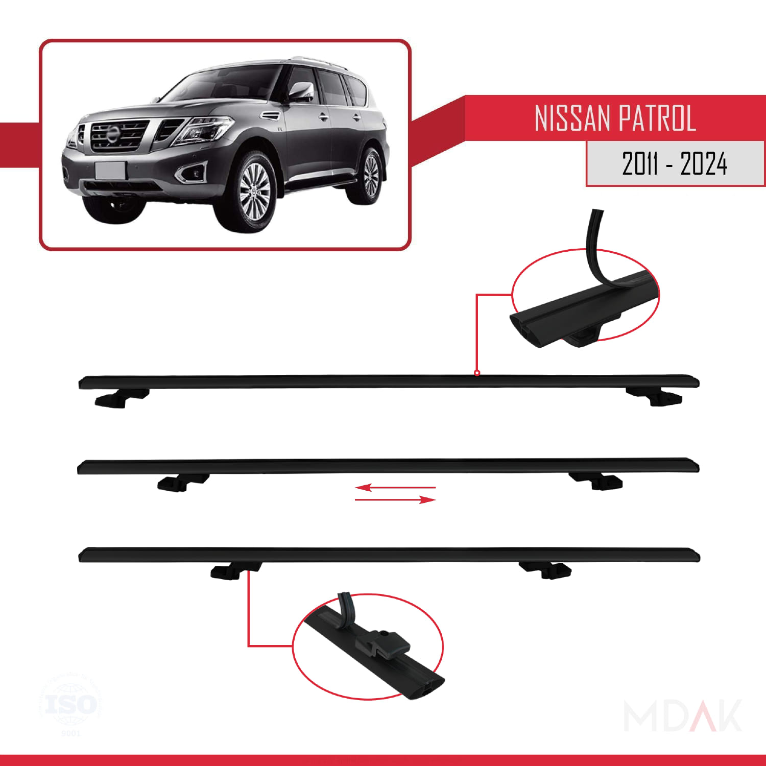 Nissan Patrol 6 (Y62) 2011-2024 Arası ile Uyumlu BASIC Model Ara Atkı Tavan Barı Siyah 3 Adet - Görsel 5