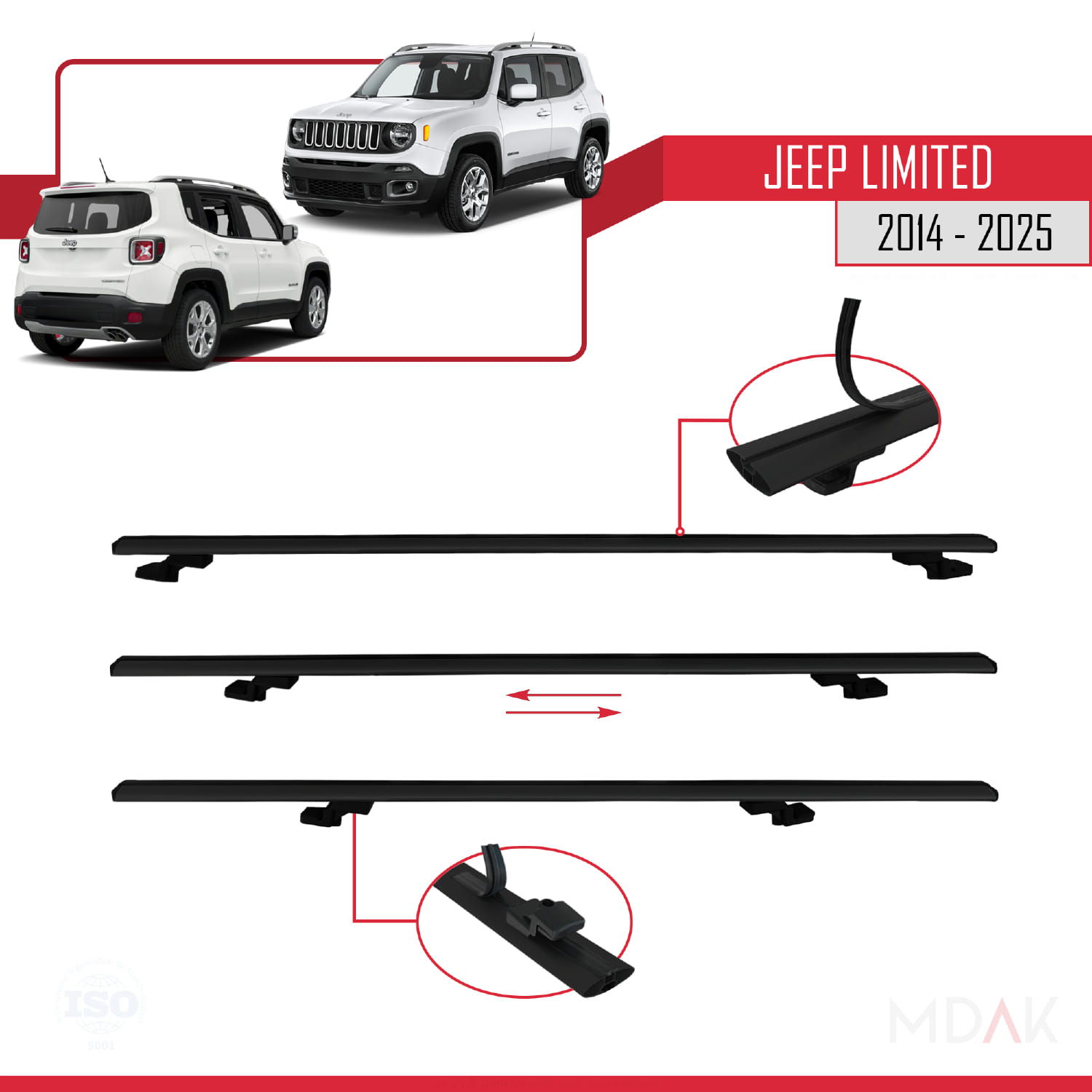 Jeep Limited 2014 ve Sonrası ile Uyumlu BASIC Model Ara Atkı Tavan Barı Siyah 2 Adet - Görsel 5