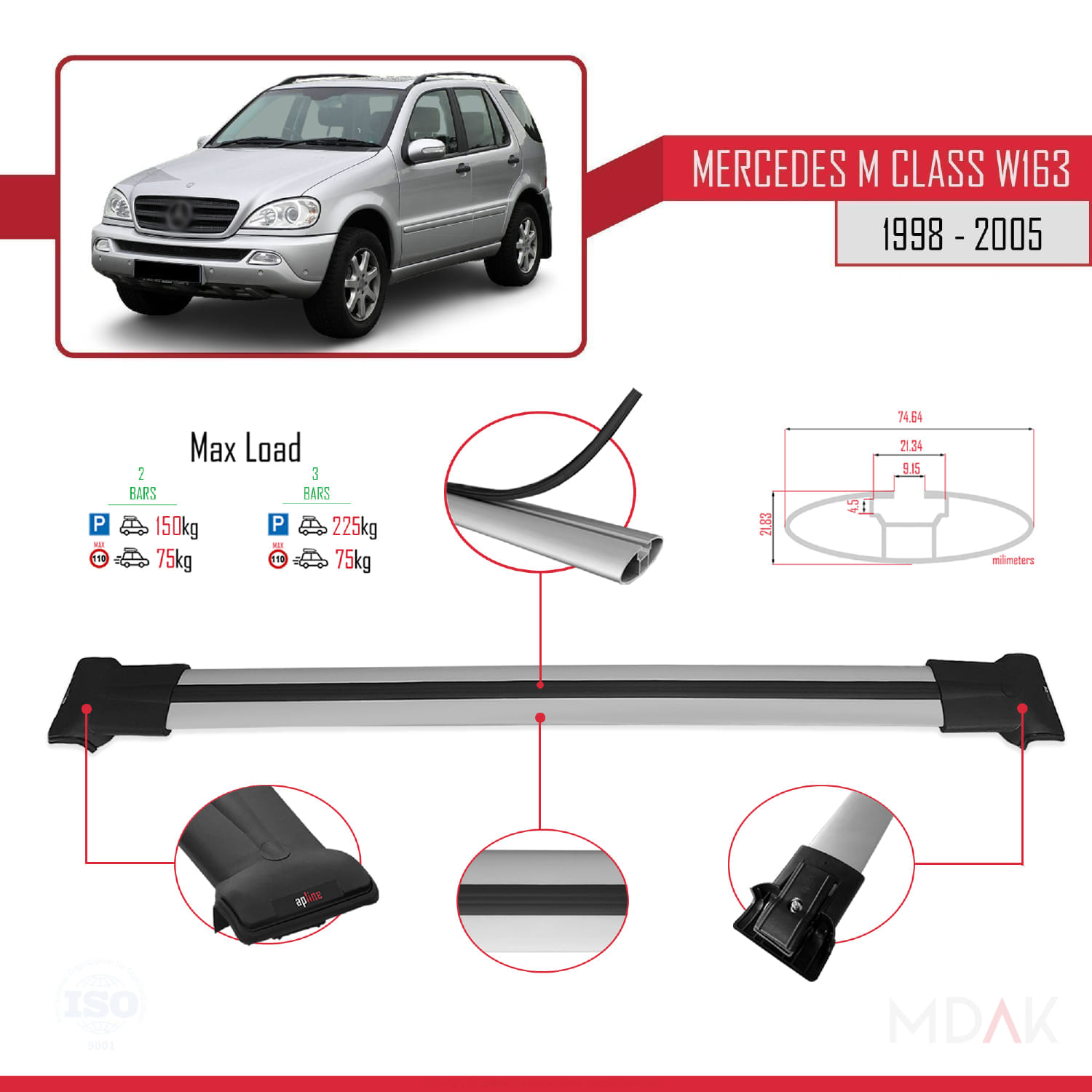Mercedes M Class (W163) 1998-2005 Arası ile Uyumlu FLY Model Ara Atkı Tavan Barı Gri 2 Adet - Görsel 4