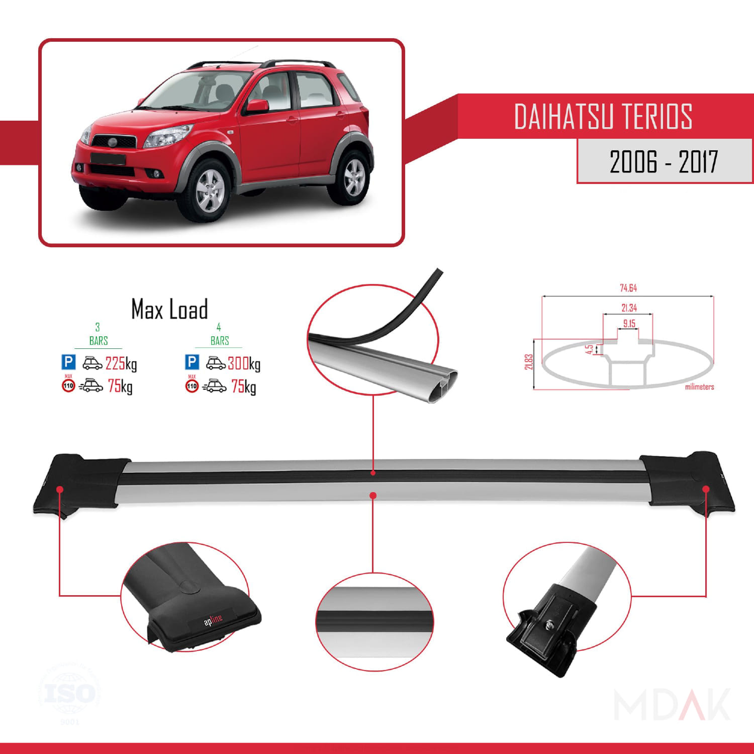 Daihatsu Terios 2 (J200) 2006-2017 Arası ile Uyumlu FLY Model Ara Atkı Tavan Barı Gri 3 Adet - Görsel 3