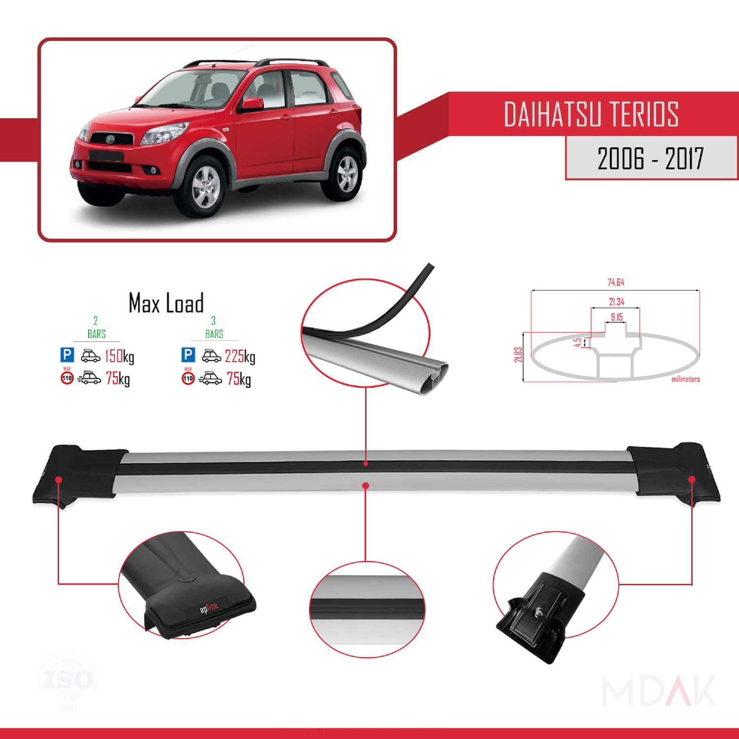 Daihatsu Terios 2 (J200) 2006-2017 Arası ile Uyumlu FLY Model Ara Atkı Tavan Barı Gri 2 Adet - Görsel 4