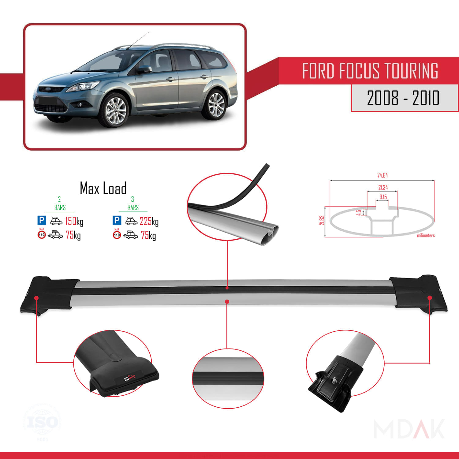 Ford Focus 2 (C307) Turnier 2008-2010 Arası ile Uyumlu FLY Model Ara Atkı Tavan Barı Gri 2 Adet - Görsel 4