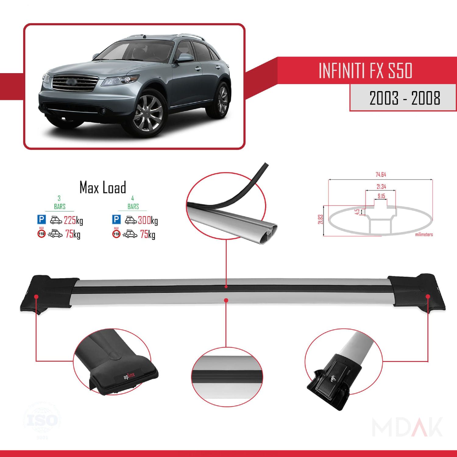 Infiniti FX (S50) 2003-2008 Arası ile Uyumlu FLY Model Ara Atkı Tavan Barı Gri 3 Adet - Görsel 3