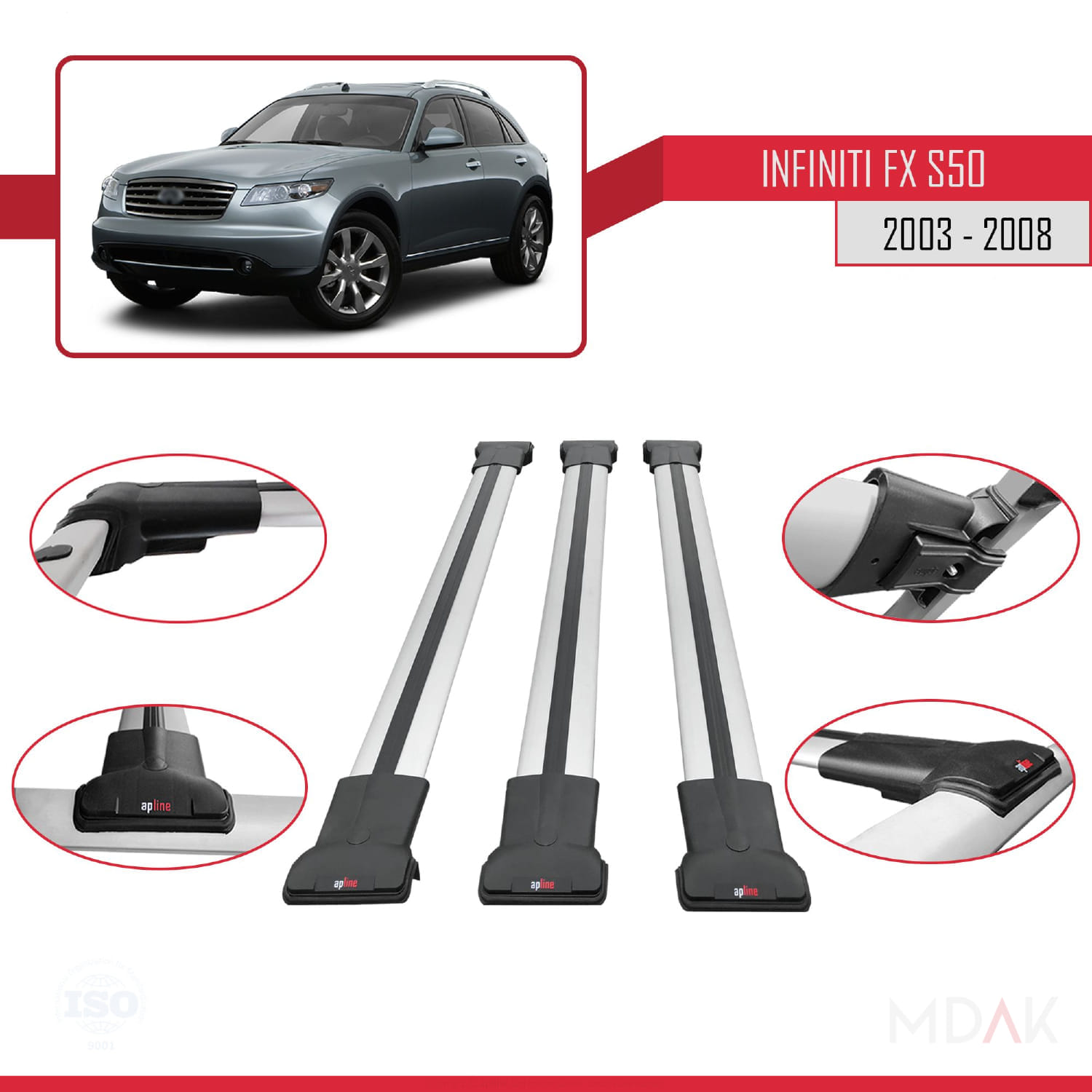 Infiniti FX (S50) 2003-2008 Arası ile Uyumlu FLY Model Ara Atkı Tavan Barı Gri 3 Adet - Görsel 4