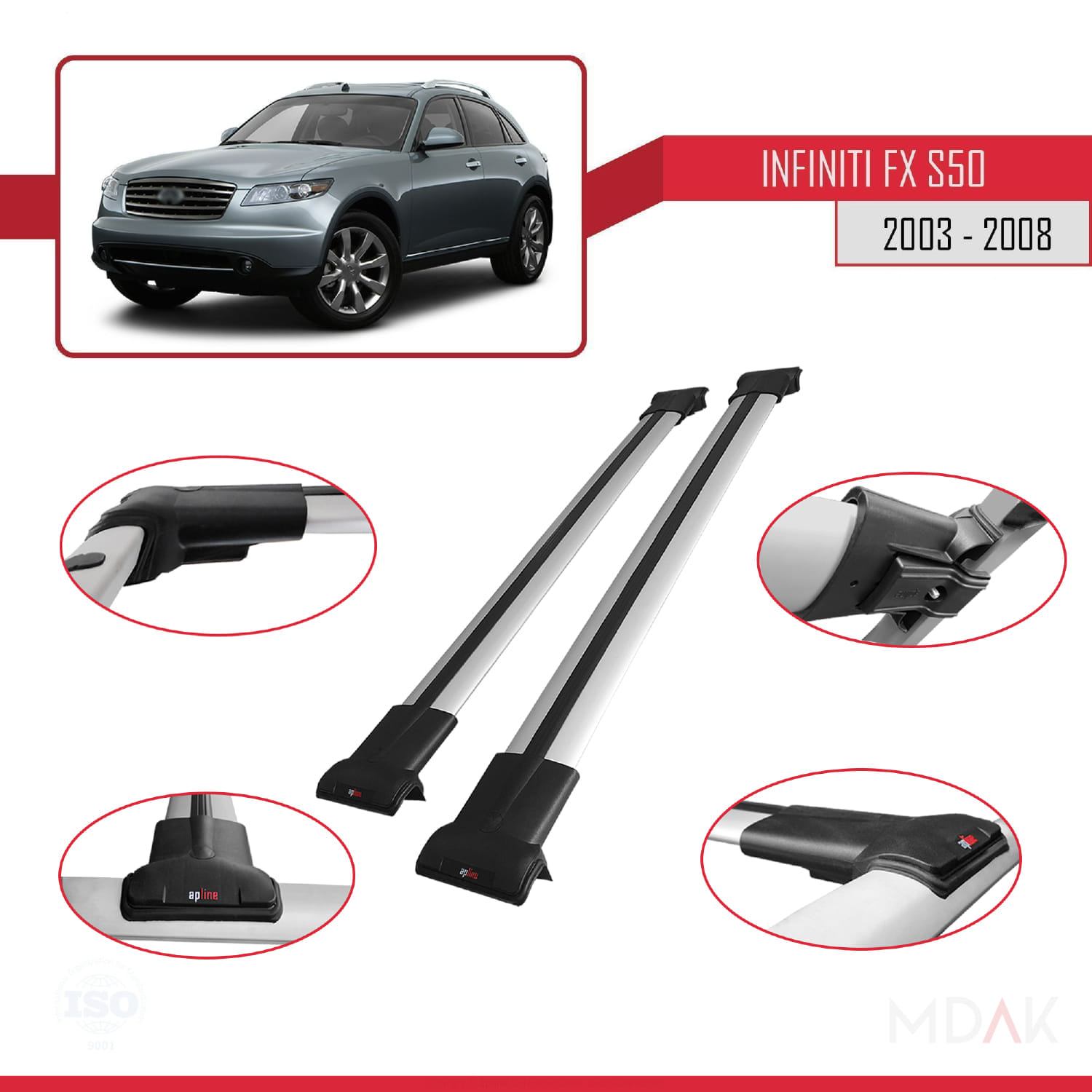 Infiniti FX (S50) 2003-2008 Arası ile Uyumlu FLY Model Ara Atkı Tavan Barı Gri 2 Adet - Görsel 3