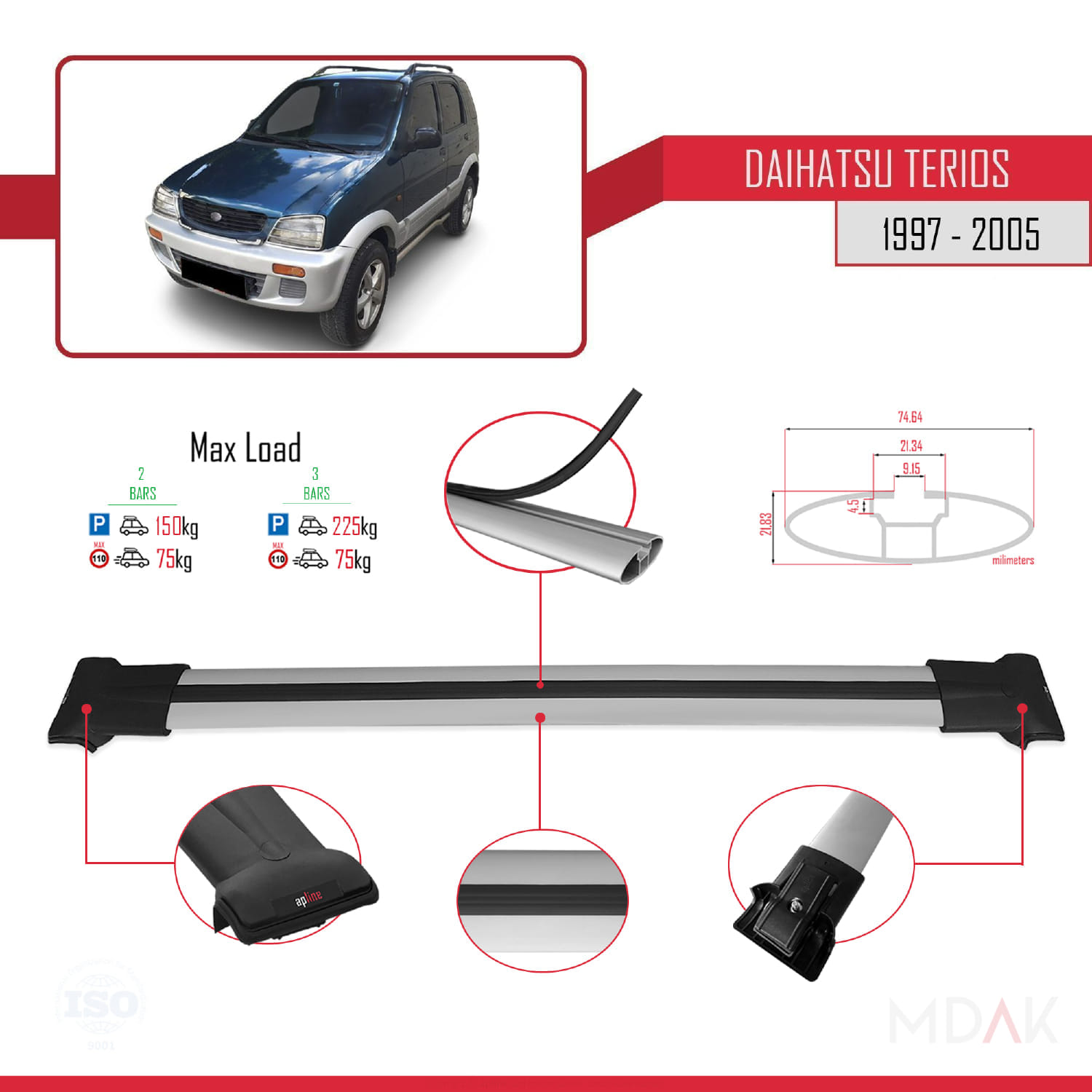 Daihatsu Terios (J100) 1997-2005 Arası ile Uyumlu FLY Model Ara Atkı Tavan Barı Gri 2 Adet - Görsel 4