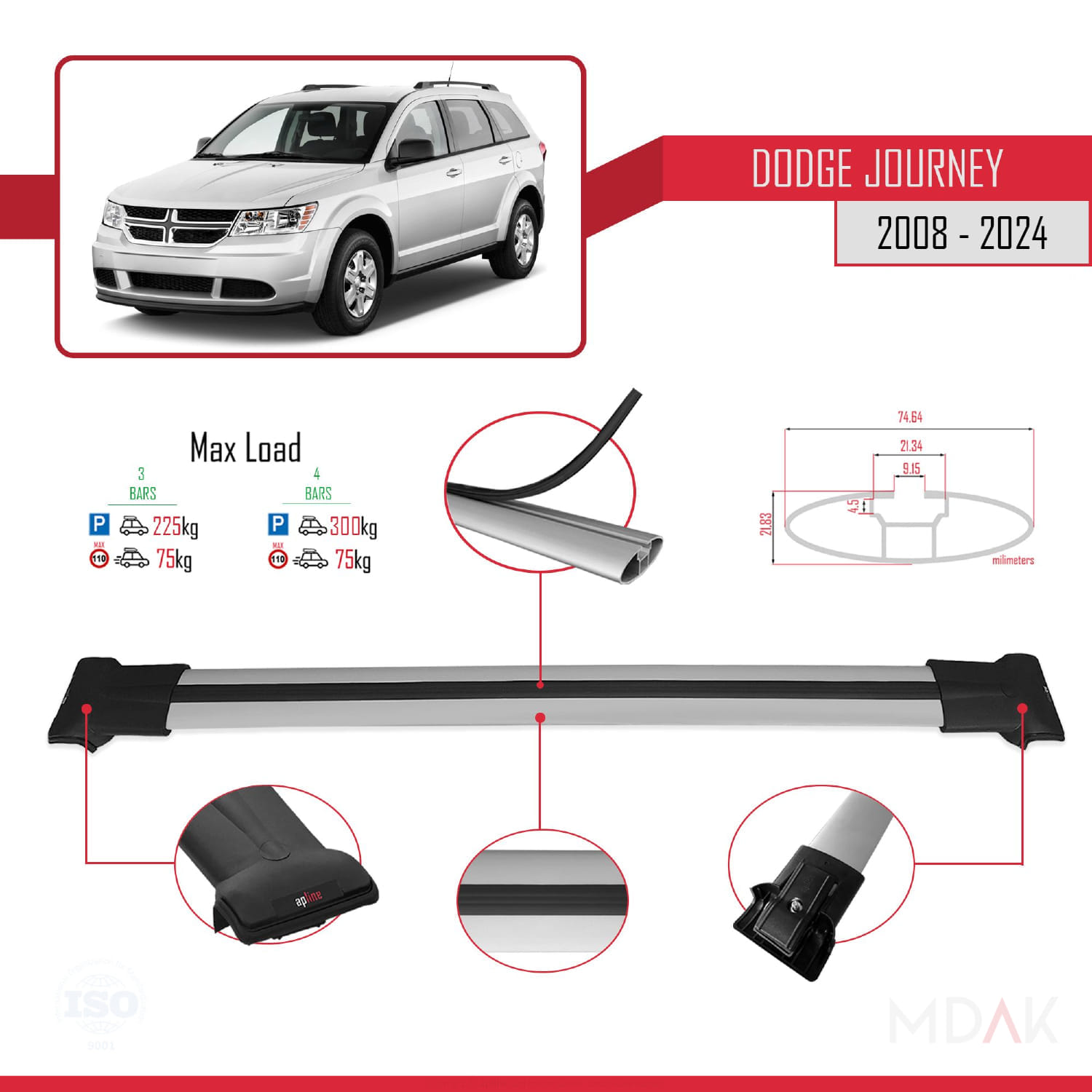 Dodge Journey 2008 ve Sonrası ile Uyumlu FLY Model Ara Atkı Tavan Barı Gri 3 Adet - Görsel 4