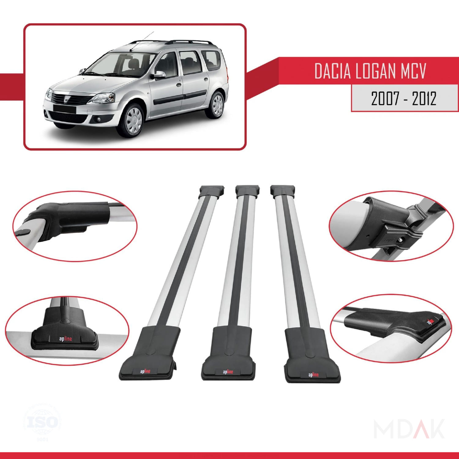 Dacia Logan 2 MCV (K52) 2007-2012 Arası ile Uyumlu FLY Model Ara Atkı Tavan Barı Gri 3 Adet - Görsel 4
