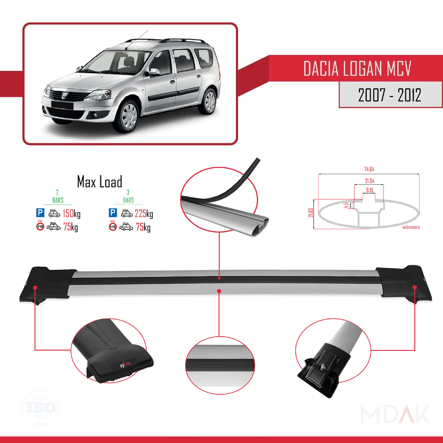 Dacia Logan 2 MCV (K52) 2007-2012 Arası ile Uyumlu FLY Model Ara Atkı Tavan Barı Gri 2 Adet - Görsel 4