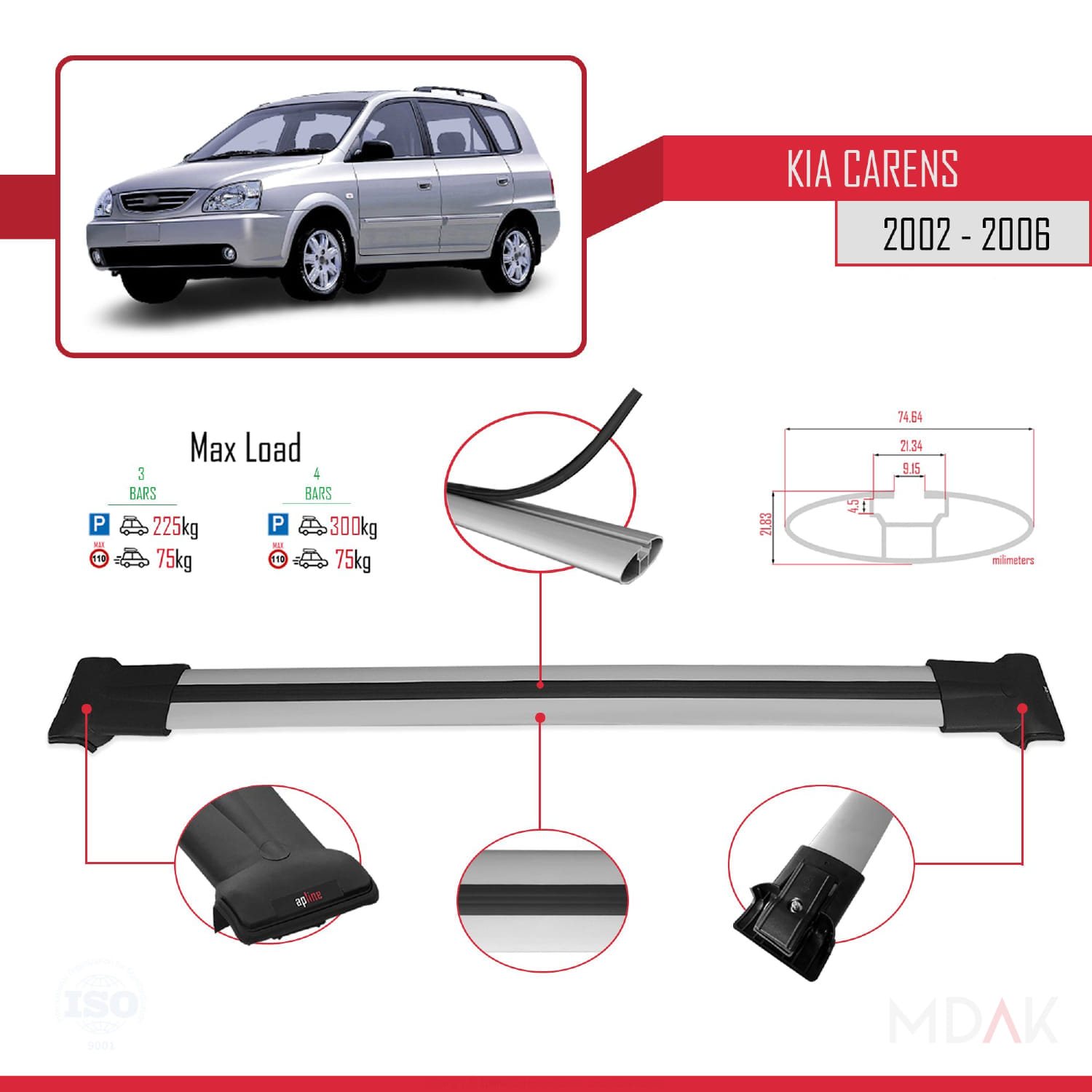 Kia Carens Post-Facelift 2002-2006 Arası ile Uyumlu FLY Model Ara Atkı Tavan Barı Gri 3 Adet - Görsel 3