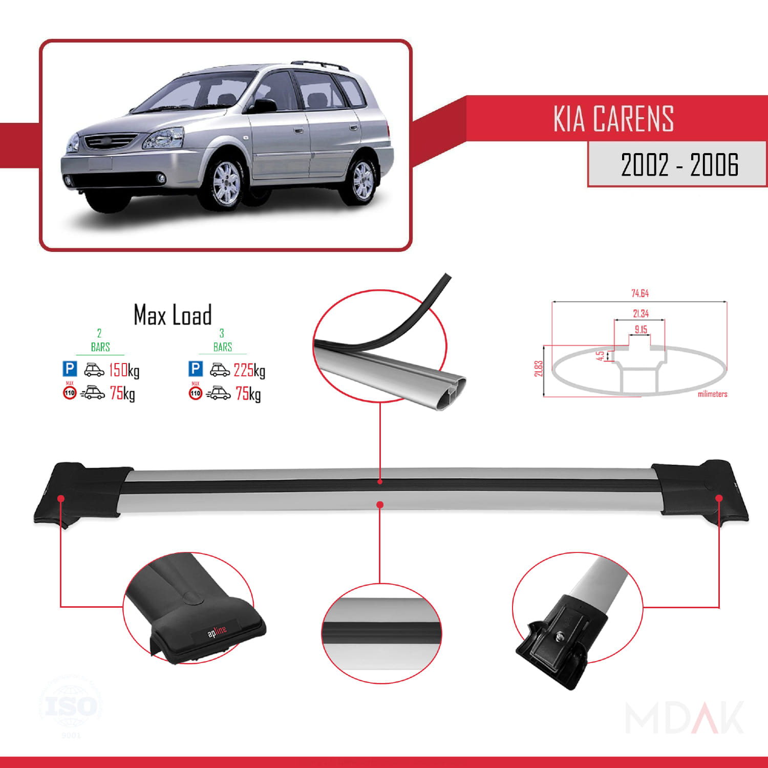 Kia Carens Post-Facelift 2002-2006 Arası ile Uyumlu FLY Model Ara Atkı Tavan Barı Gri 2 Adet - Görsel 4