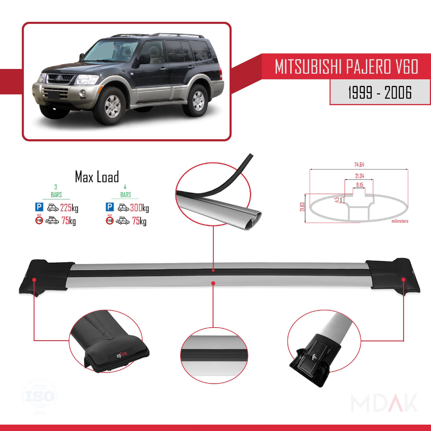 Mitsubishi Pajero (V60) 5 Kapı 1999-2006 Arası ile Uyumlu FLY Model Ara Atkı Tavan Barı Gri 3 Adet - Görsel 3