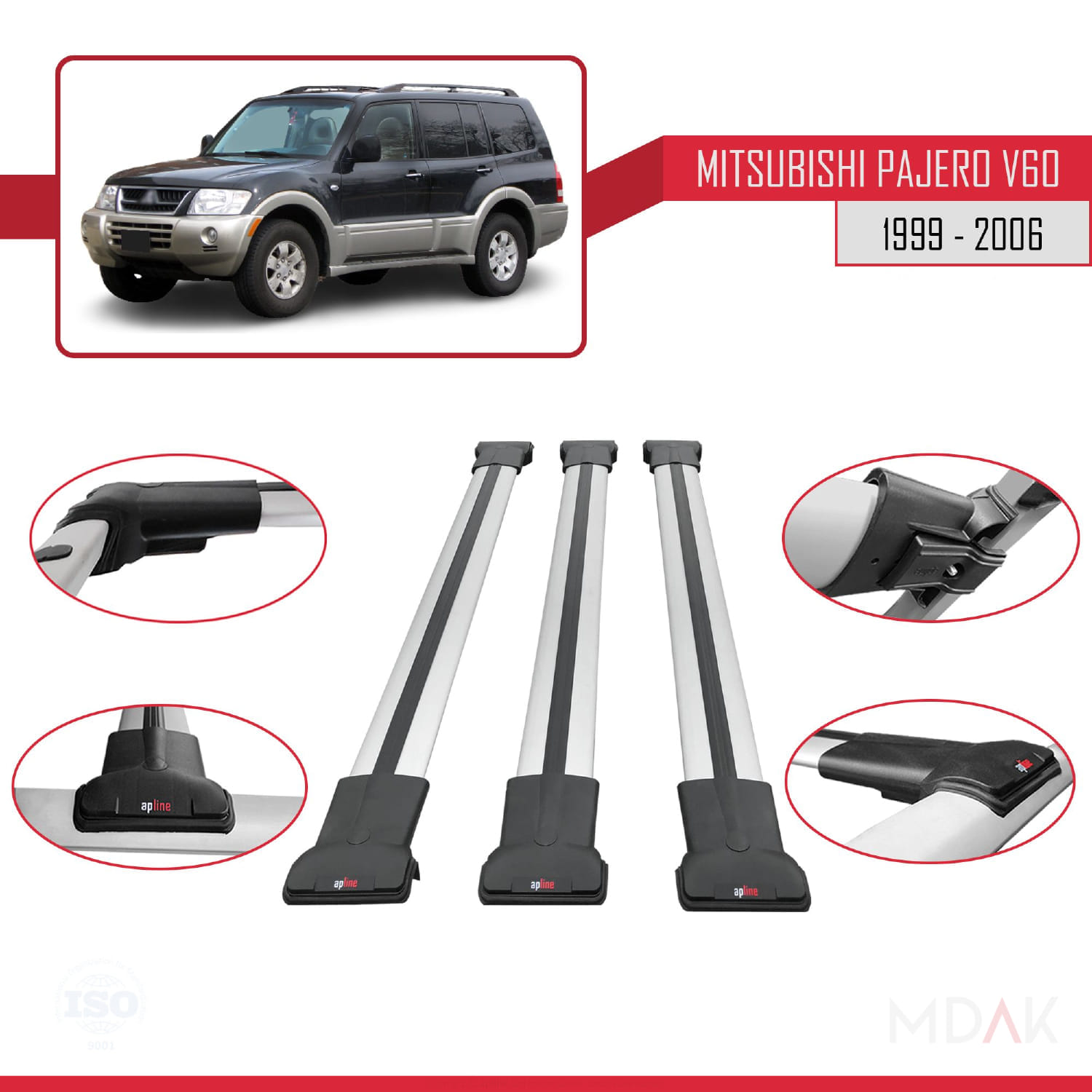 Mitsubishi Pajero (V60) 5 Kapı 1999-2006 Arası ile Uyumlu FLY Model Ara Atkı Tavan Barı Gri 3 Adet - Görsel 4