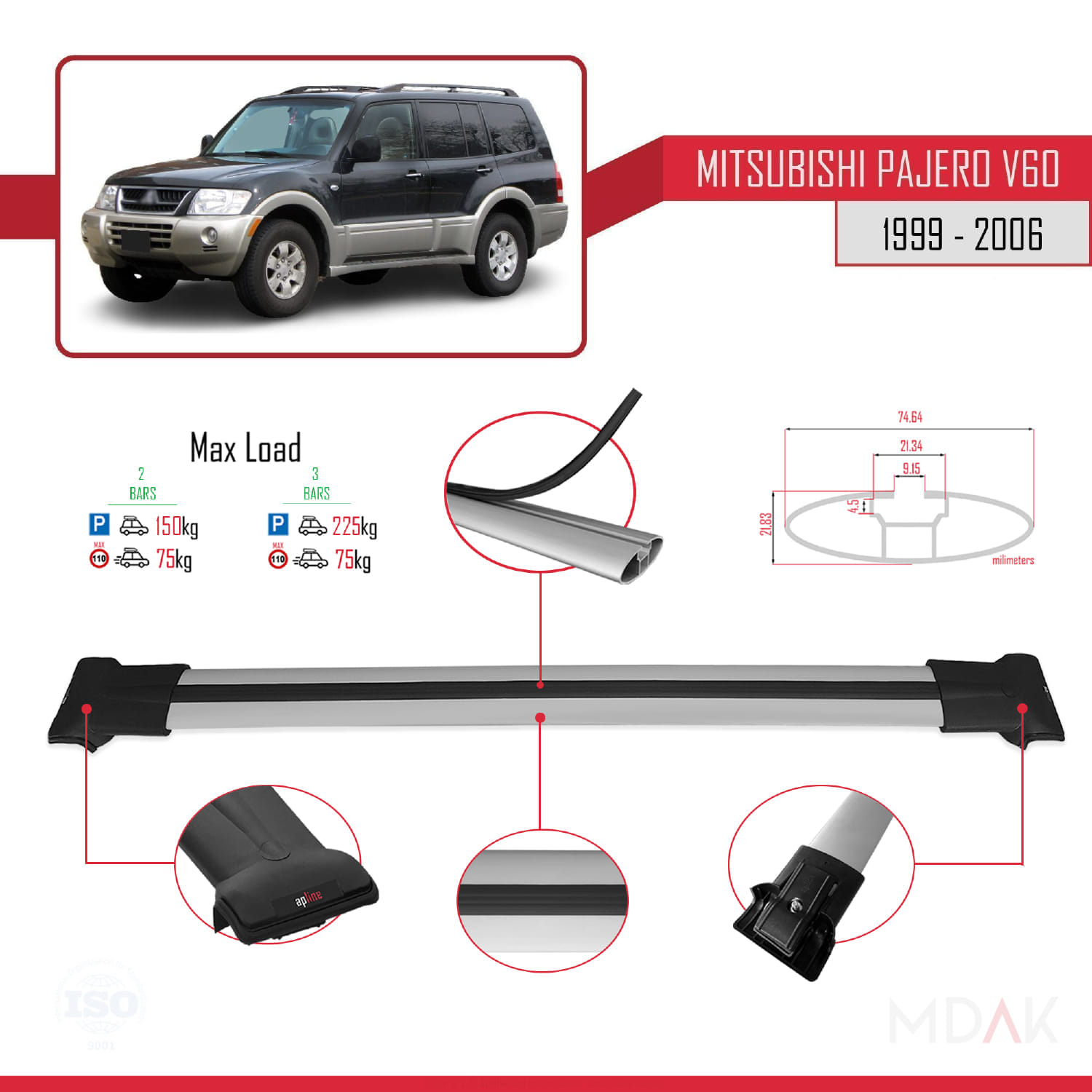 Mitsubishi Pajero (V60) 5 Kapı 1999-2006 Arası ile Uyumlu FLY Model Ara Atkı Tavan Barı Gri 2 Adet - Görsel 4