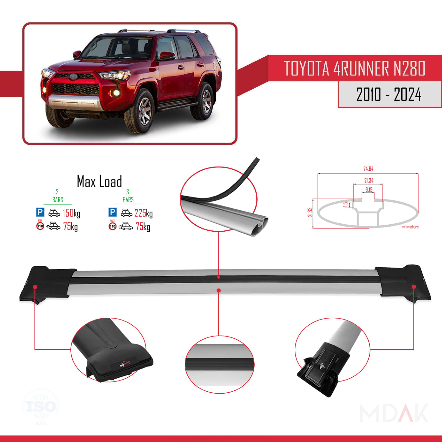 Toyota 4Runner (N280) 2010-2024 Arası ile Uyumlu FLY Model Ara Atkı Tavan Barı Gri 2 Adet - Görsel 4
