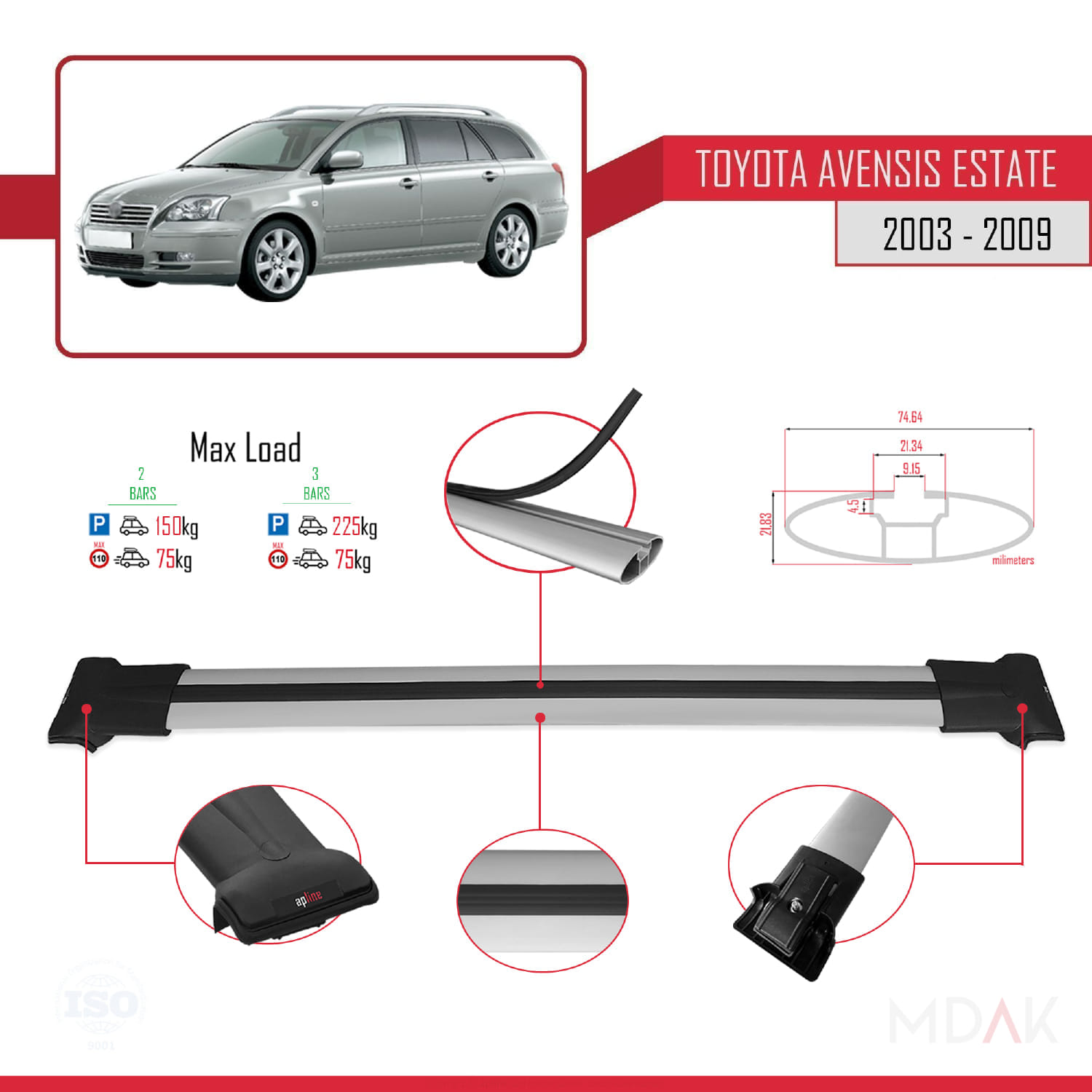 Toyota Avensis SW 2003-2009 Arası ile Uyumlu FLY Model Ara Atkı Tavan Barı Gri 2 Adet - Görsel 4