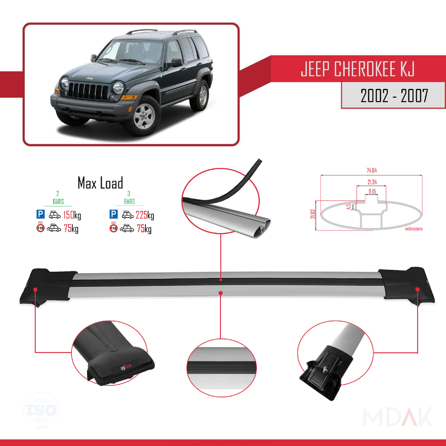 Jeep Cherokee 3 (KJ) 2002-2007 Arası ile Uyumlu FLY Model Ara Atkı Tavan Barı Gri 2 Adet - Görsel 4