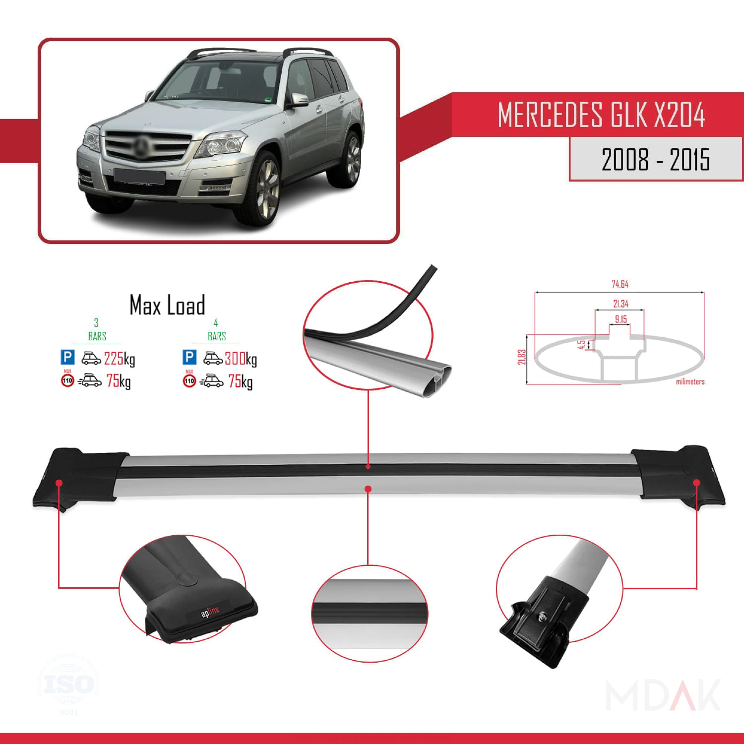 Mercedes GLK Class (X204) 2008-2015 Arası ile Uyumlu FLY Model Ara Atkı Tavan Barı Gri 3 Adet - Görsel 3