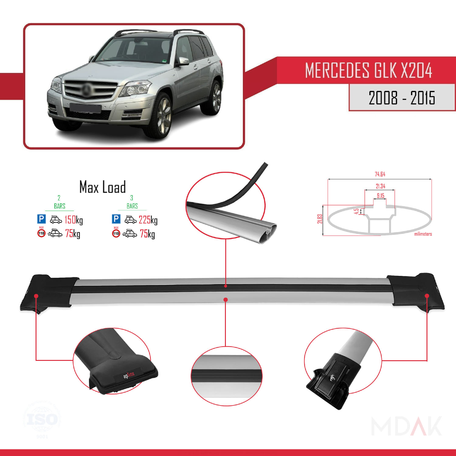 Mercedes GLK Class (X204) 2008-2015 Arası ile Uyumlu FLY Model Ara Atkı Tavan Barı Gri 2 Adet - Görsel 4