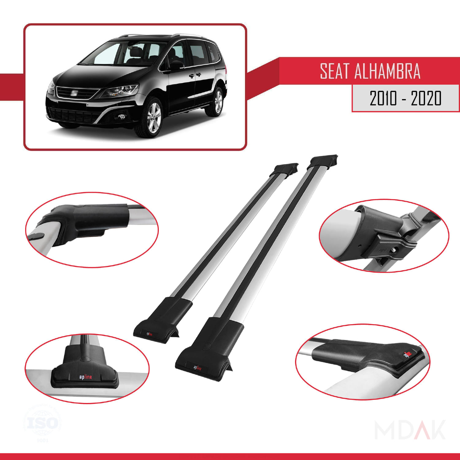 Seat Alhambra 2 (7N) 2010-2020 Arası ile Uyumlu FLY Model Ara Atkı Tavan Barı Gri 2 Adet - Görsel 3