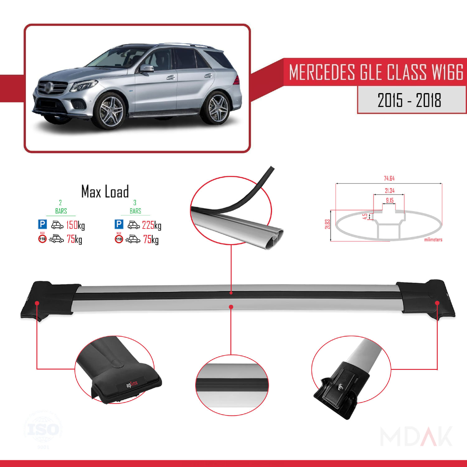 Mercedes GLE Class 3 (W166) 2015-2018 Arası ile Uyumlu FLY Model Ara Atkı Tavan Barı Gri 2 Adet - Görsel 4