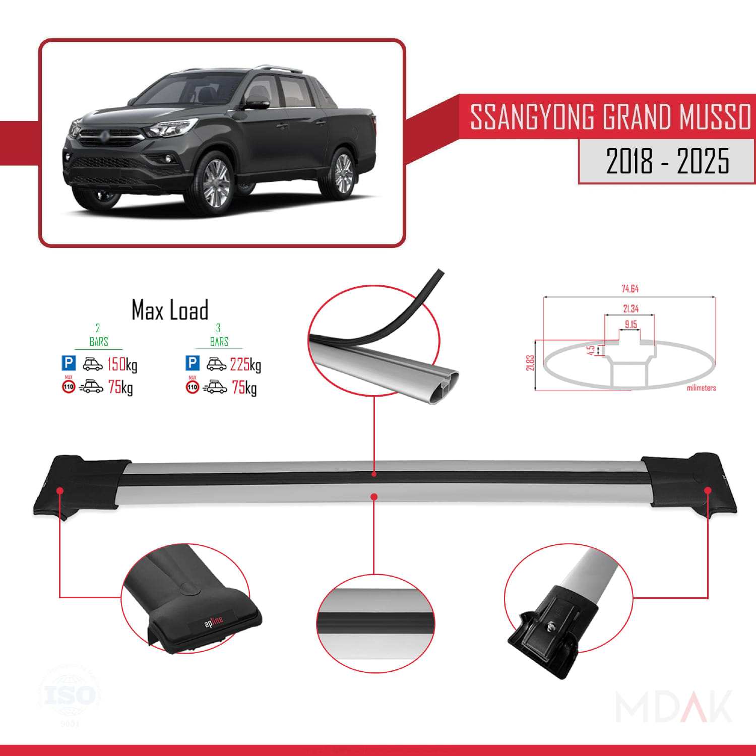 Ssangyong Grand Musso 2018 ve Sonrası ile Uyumlu FLY Model Ara Atkı Tavan Barı Gri 2 Adet - Görsel 4