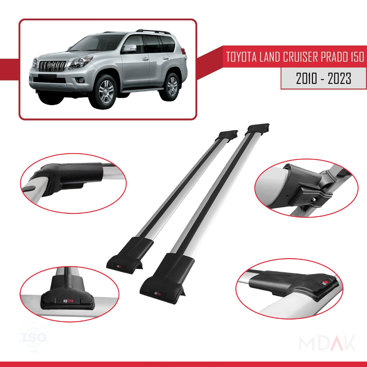 Toyota Land Cruiser Prado (J150) 2010-2023 Arası ile Uyumlu FLY Model Ara Atkı Tavan Barı Gri 2 Adet - Görsel 3
