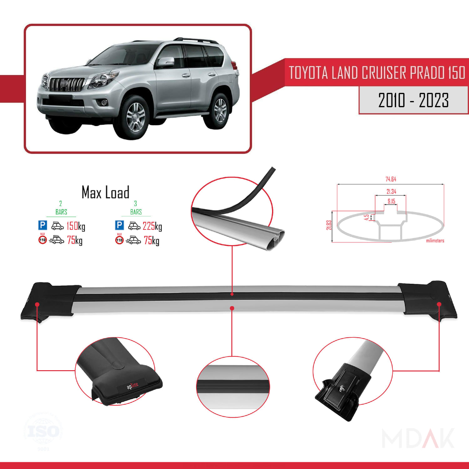 Toyota Land Cruiser Prado (J150) 2010-2023 Arası ile Uyumlu FLY Model Ara Atkı Tavan Barı Gri 2 Adet - Görsel 4
