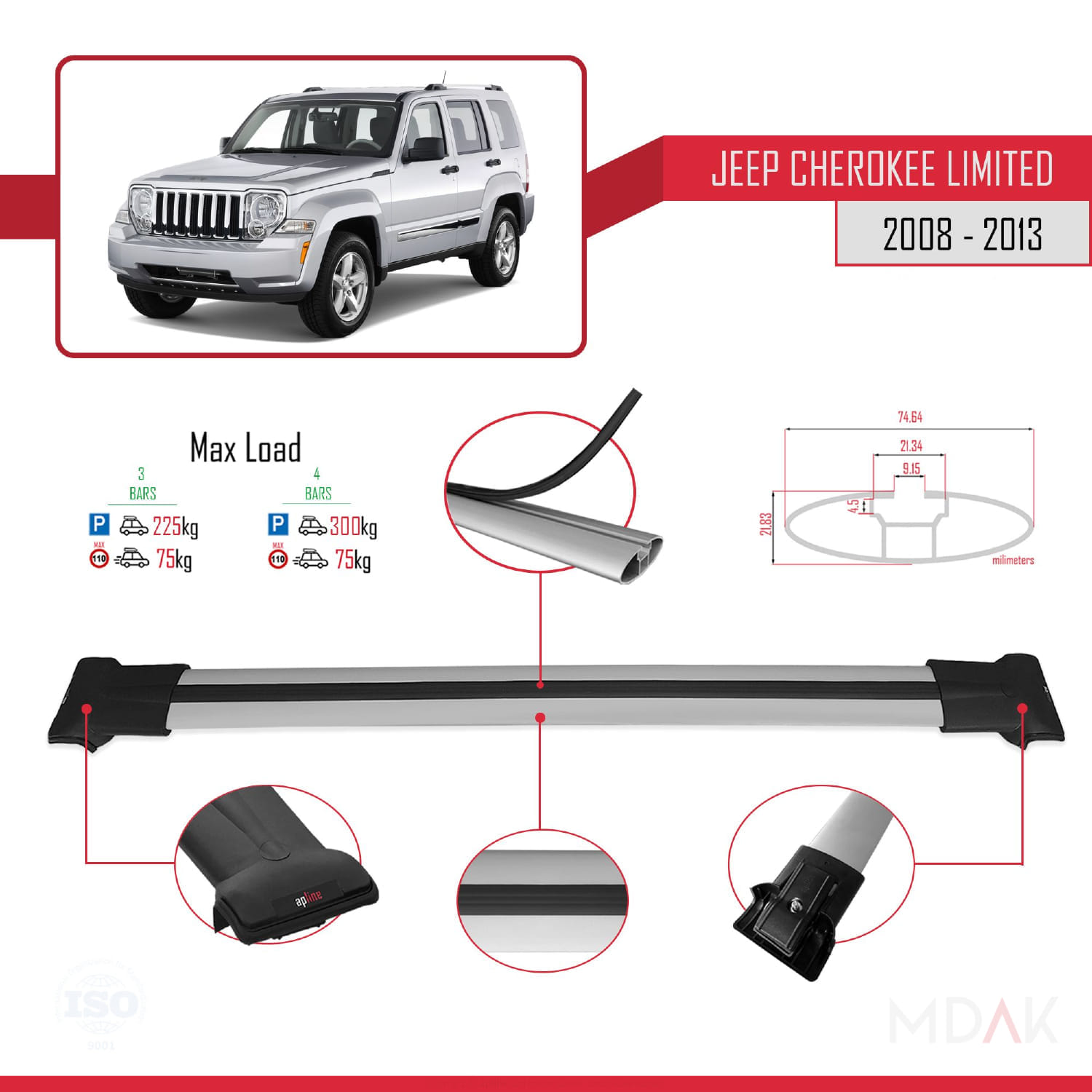 Jeep Cherokee 4 (KK) 2008-2013 Arası ile Uyumlu FLY Model Ara Atkı Tavan Barı Gri 3 Adet - Görsel 3