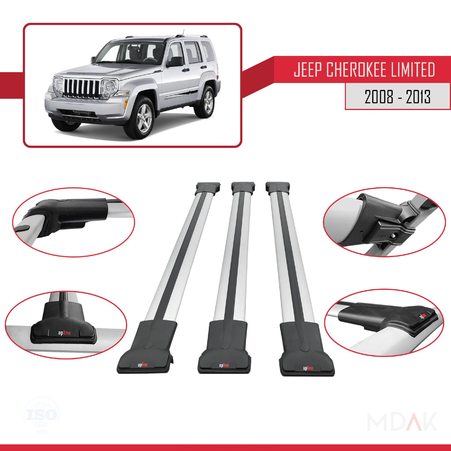 Jeep Cherokee 4 (KK) 2008-2013 Arası ile Uyumlu FLY Model Ara Atkı Tavan Barı Gri 3 Adet - Görsel 4