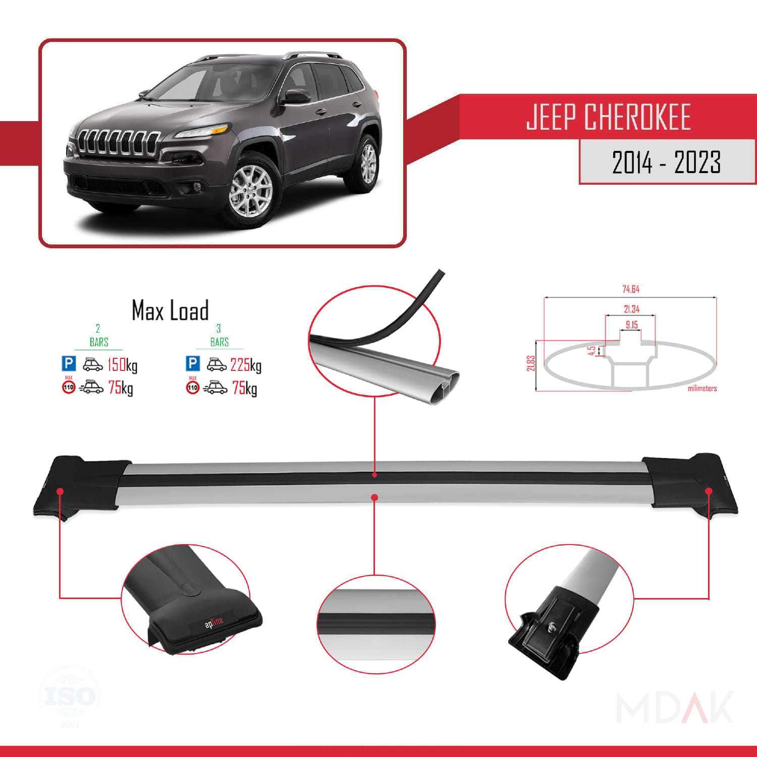 Jeep Cherokee 5 (KL) 2014-2023 Arası ile Uyumlu FLY Model Ara Atkı Tavan Barı Gri 2 Adet - Görsel 4