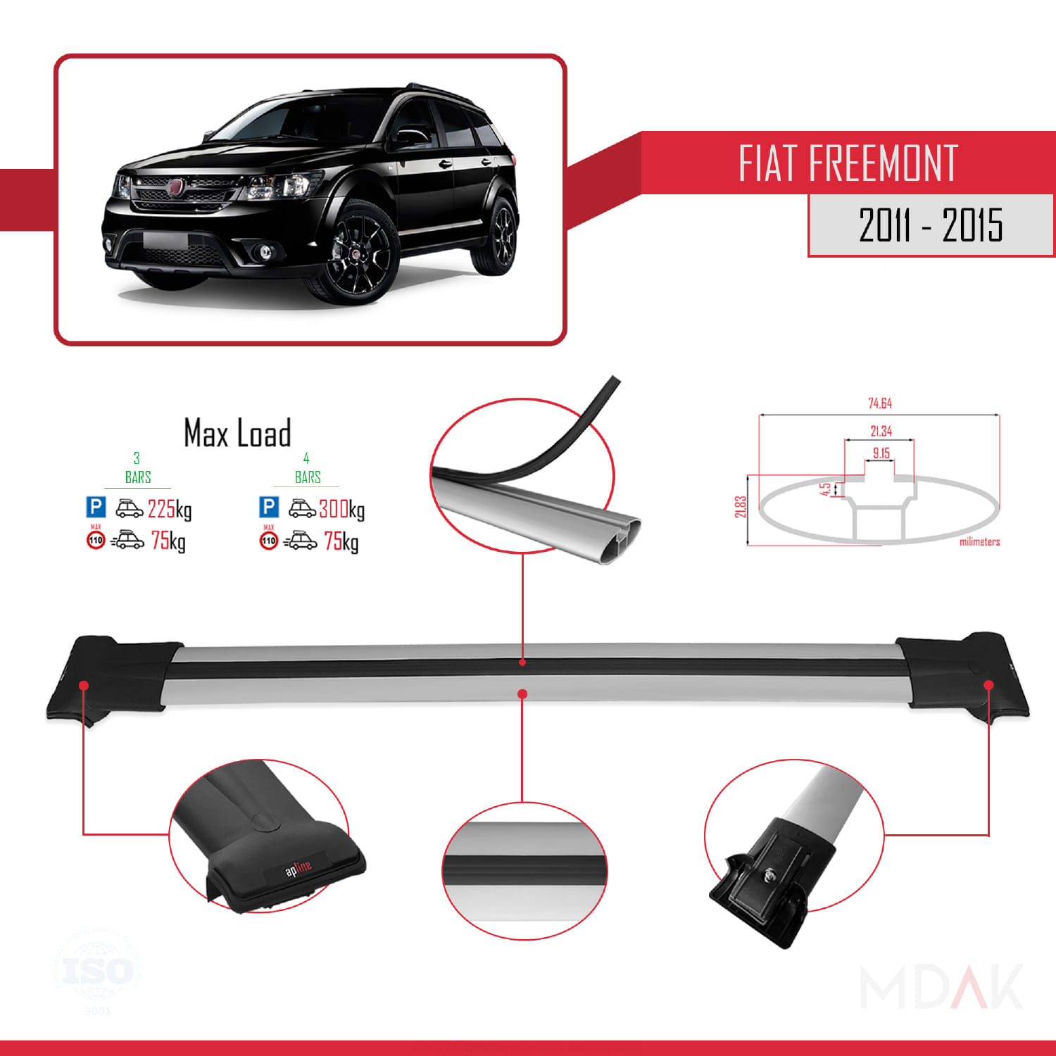 Fiat Freemont 2011-2015 Arası ile Uyumlu FLY Model Ara Atkı Tavan Barı Gri 3 Adet - Görsel 3