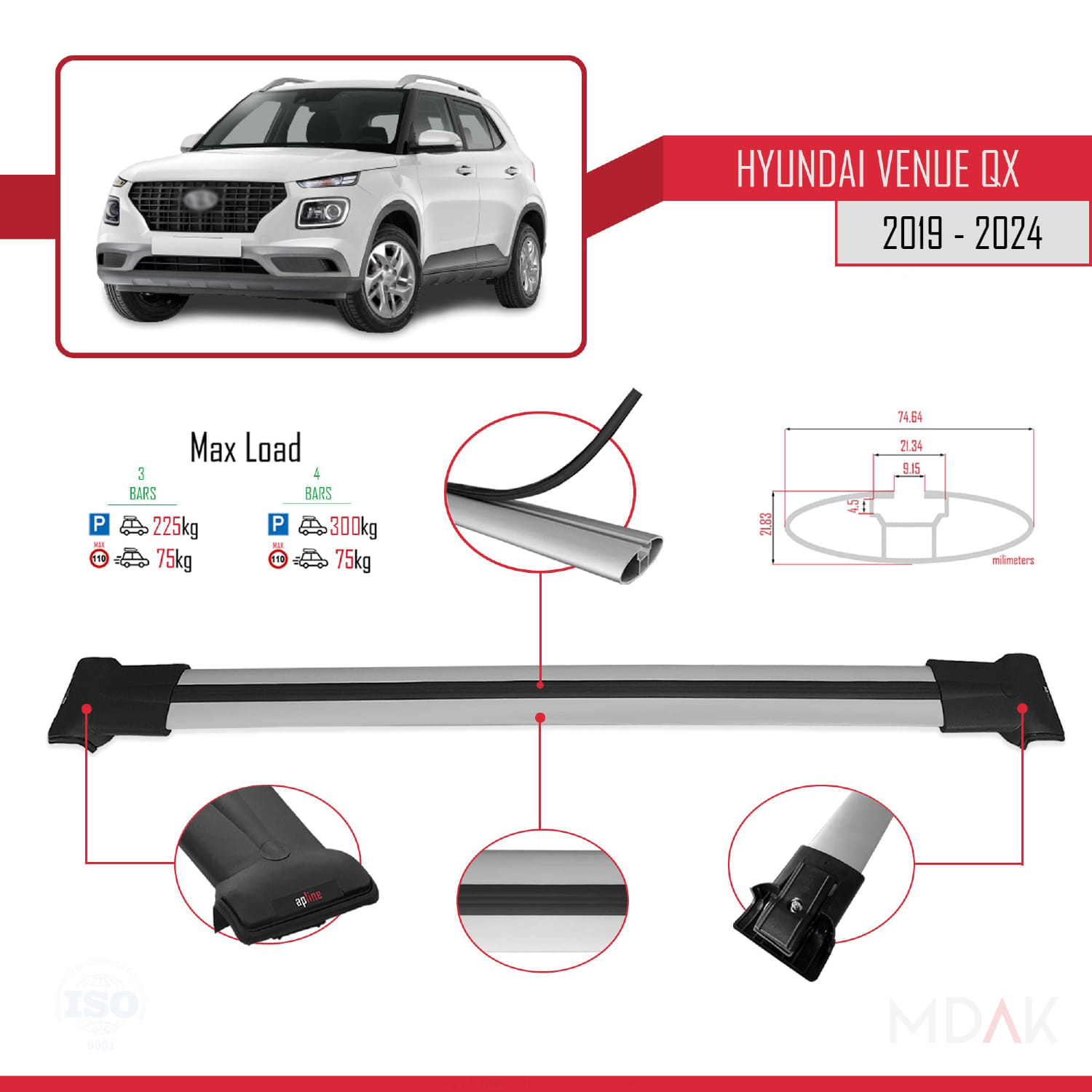 Hyundai Venue (QX) 2019 ve Sonrası ile Uyumlu FLY Model Ara Atkı Tavan Barı Gri 3 Adet - Görsel 4