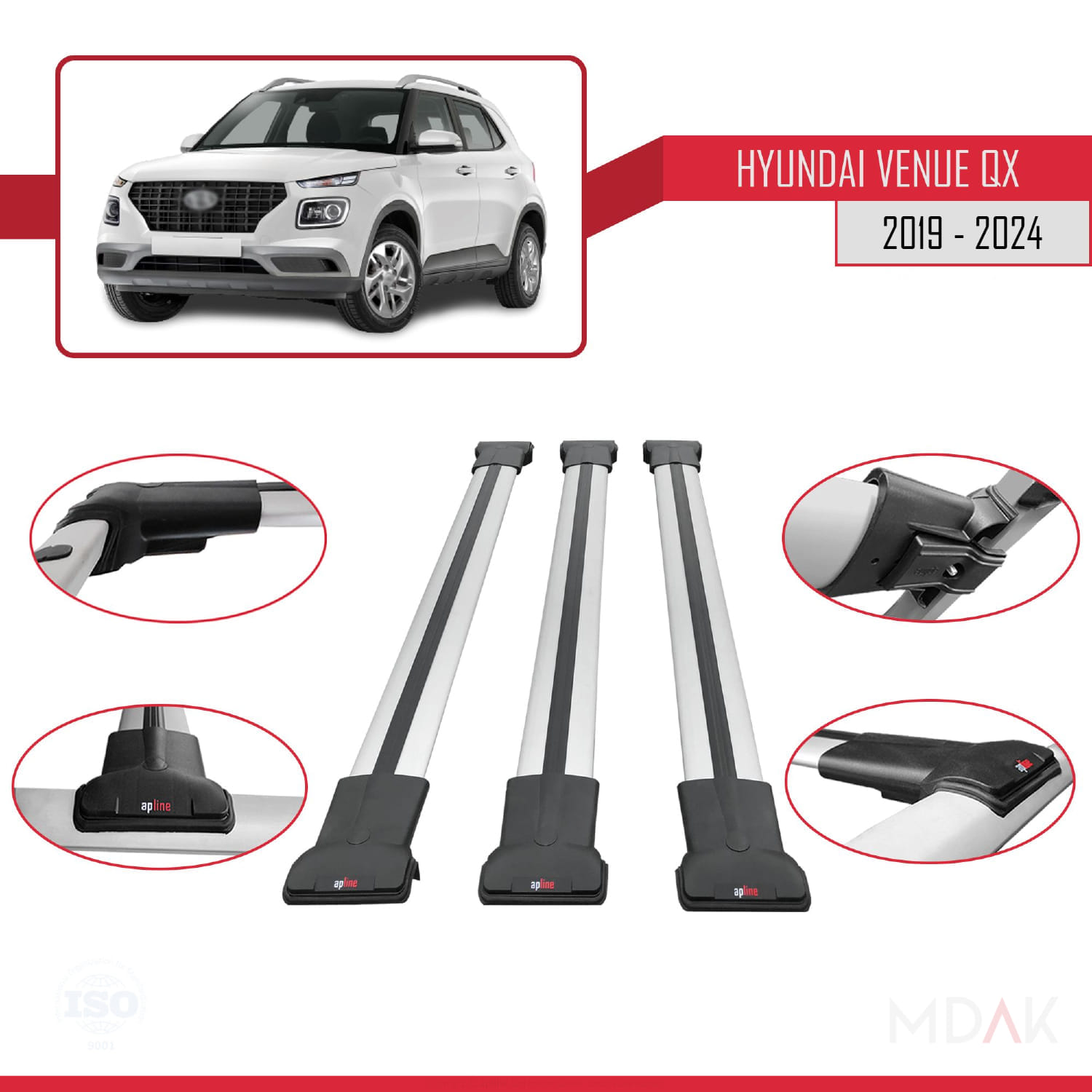 Hyundai Venue (QX) 2019 ve Sonrası ile Uyumlu FLY Model Ara Atkı Tavan Barı Gri 3 Adet - Görsel 5