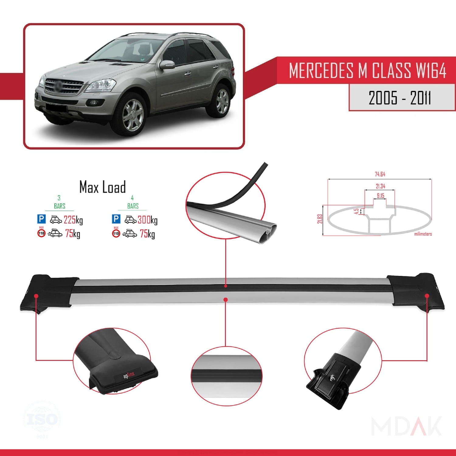 Mercedes M Class 2 (W164) 2005-2011 Arası ile Uyumlu FLY Model Ara Atkı Tavan Barı Gri 3 Adet - Görsel 3