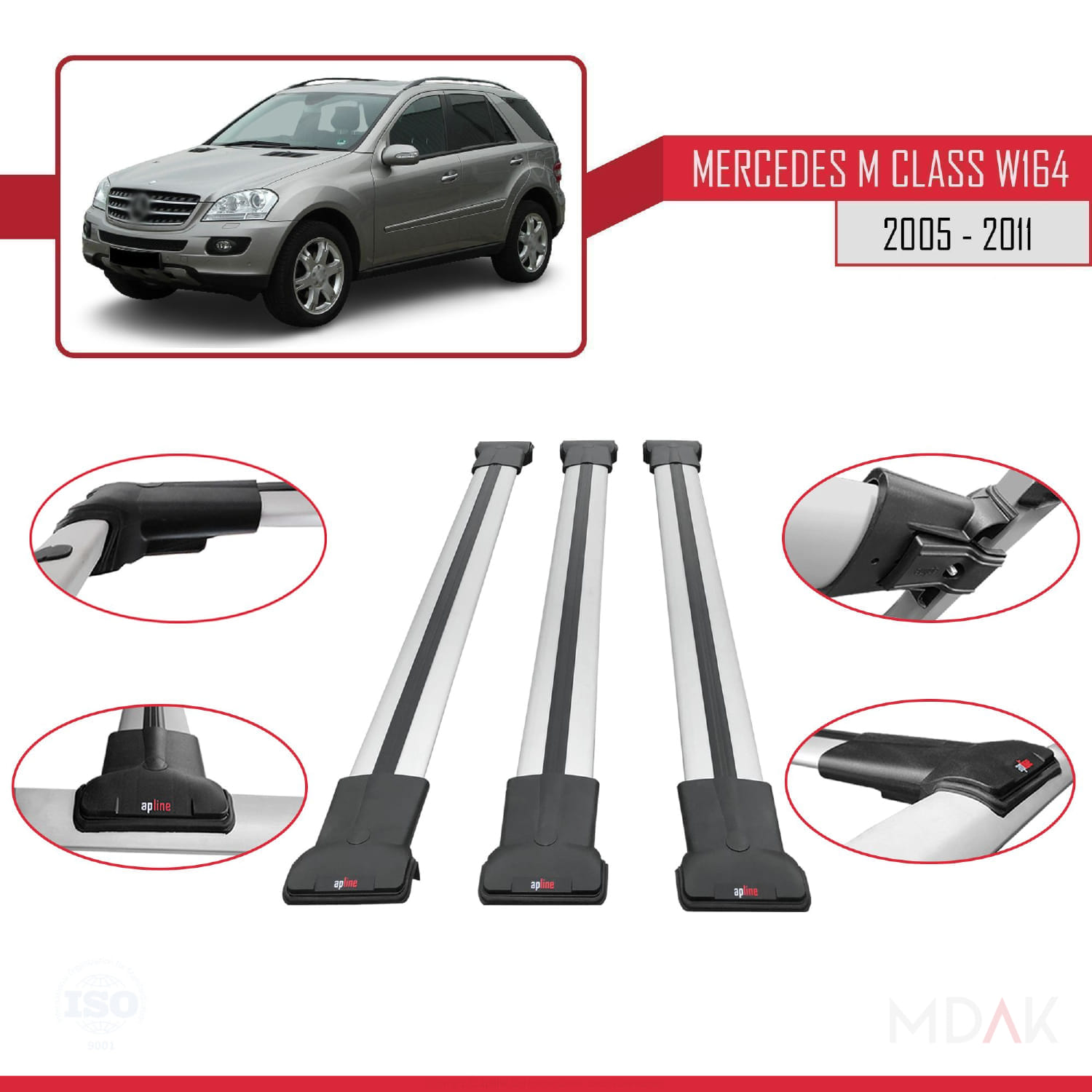 Mercedes M Class 2 (W164) 2005-2011 Arası ile Uyumlu FLY Model Ara Atkı Tavan Barı Gri 3 Adet - Görsel 4