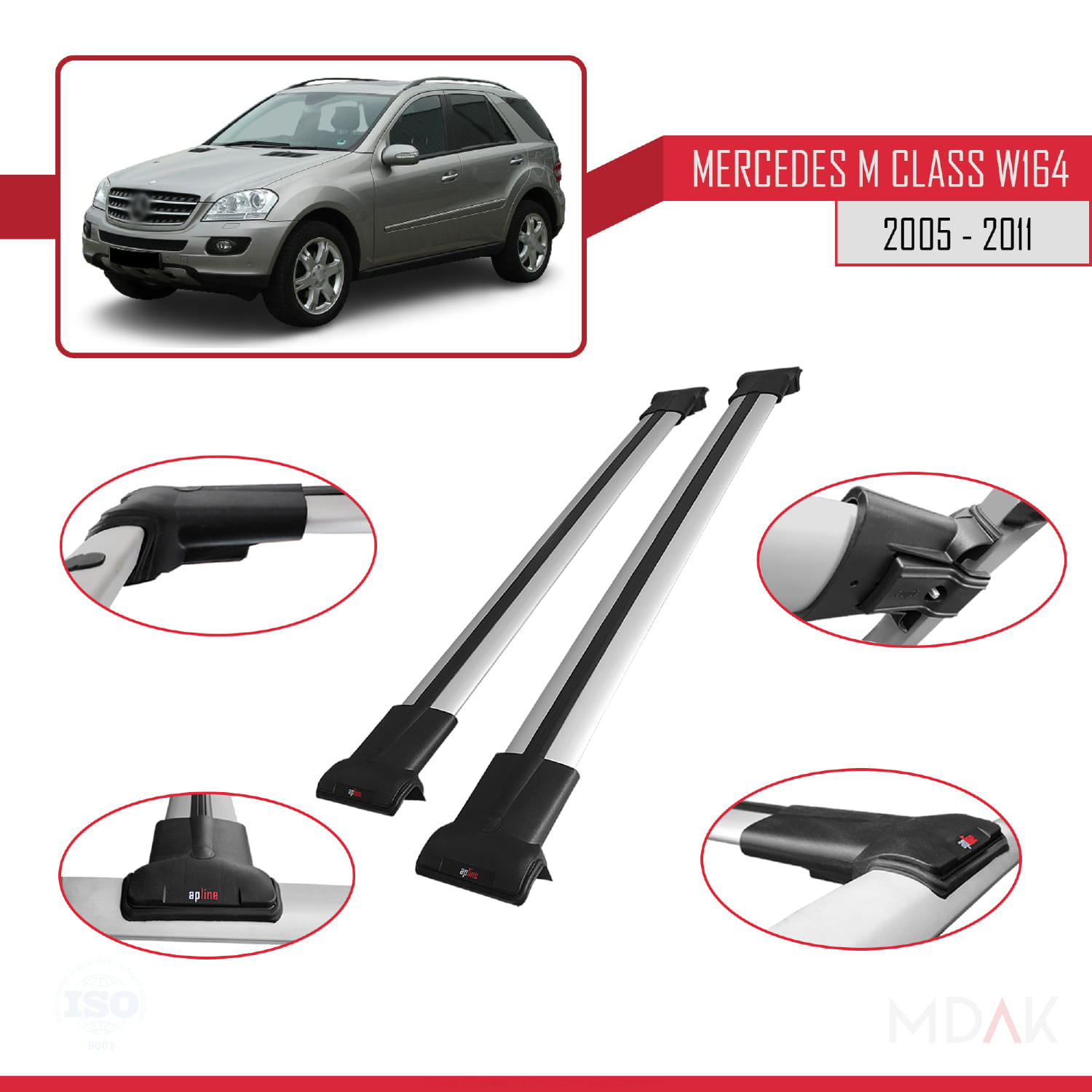 Mercedes M Class 2 (W164) 2005-2011 Arası ile Uyumlu FLY Model Ara Atkı Tavan Barı Gri 2 Adet - Görsel 3