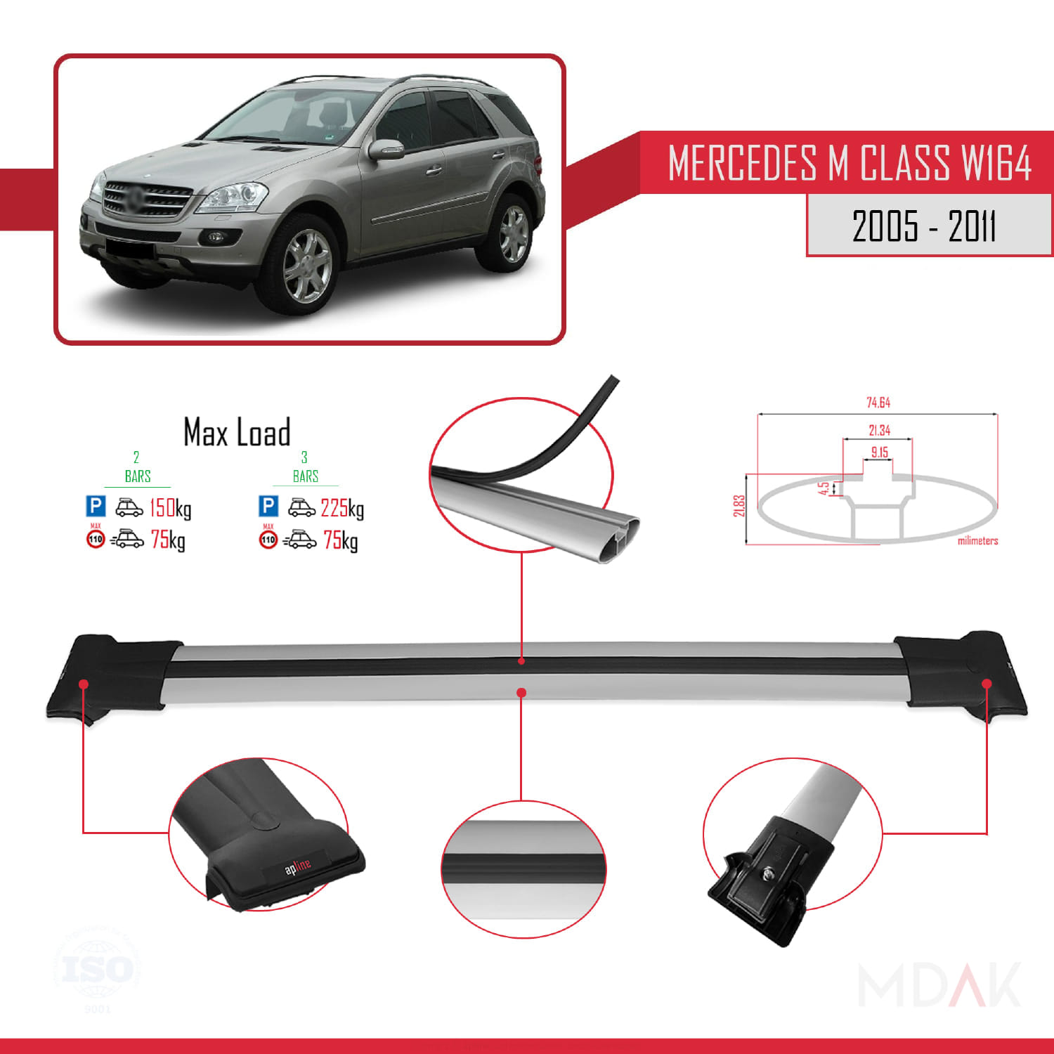 Mercedes M Class 2 (W164) 2005-2011 Arası ile Uyumlu FLY Model Ara Atkı Tavan Barı Gri 2 Adet - Görsel 4