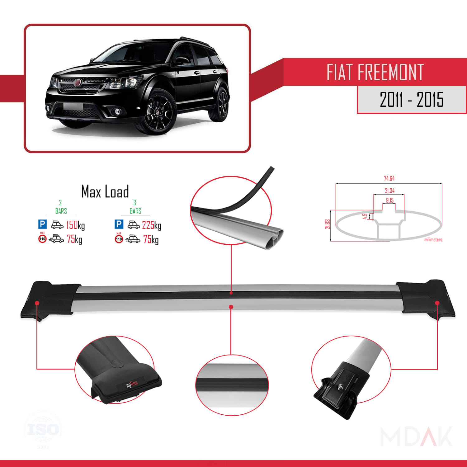 Fiat Freemont 2011-2015 Arası ile Uyumlu FLY Model Ara Atkı Tavan Barı Gri 2 Adet - Görsel 4